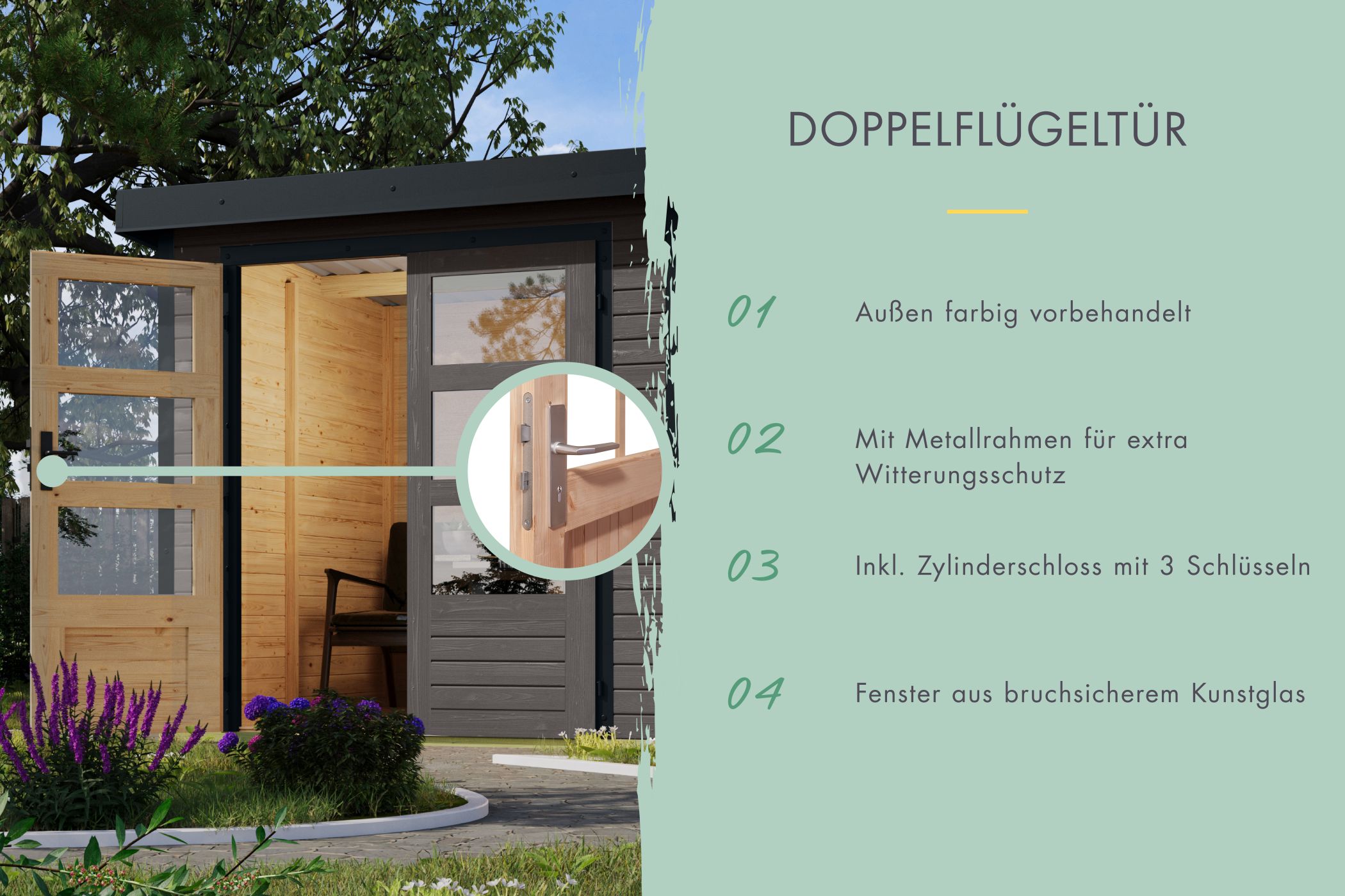 Doppelflügeltür des Karibu Gartenhaus Holz & Metall Pluto 1 mit Zylinderschloss und Kunstglas