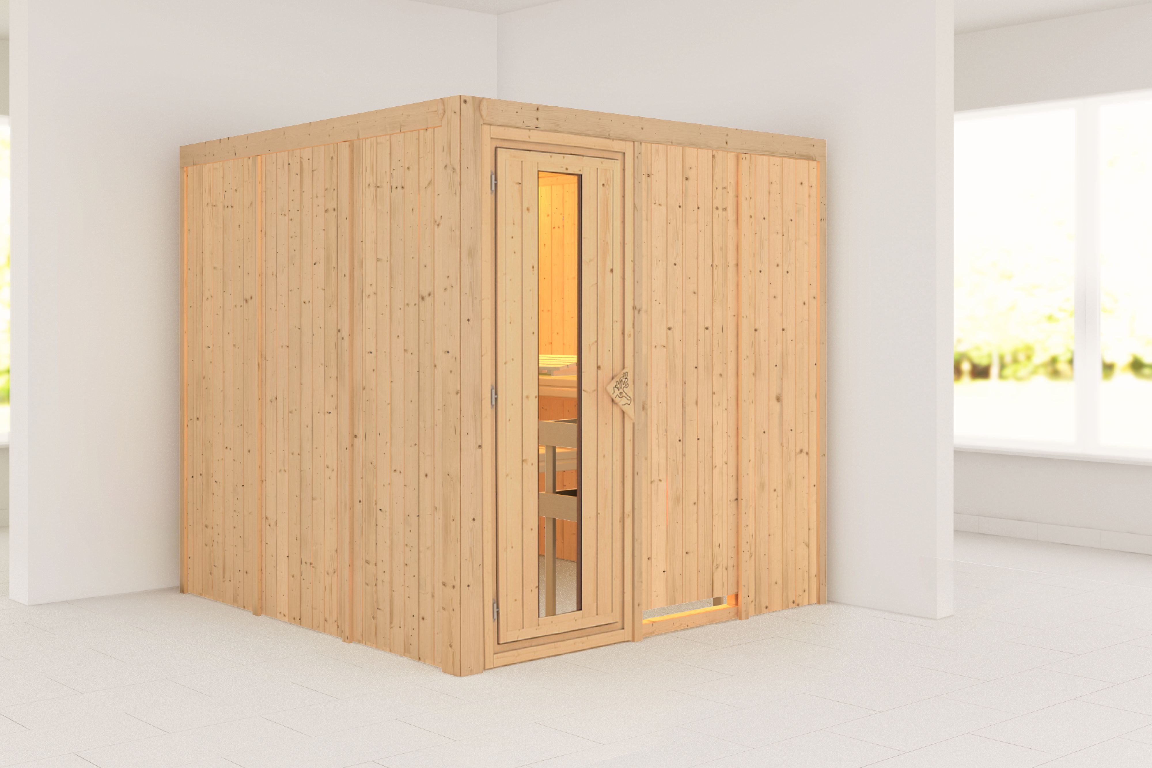 Außenansicht der Karibu Sauna Rodin aus nordischer Fichte mit isolierter Holztür und Fronteinstieg