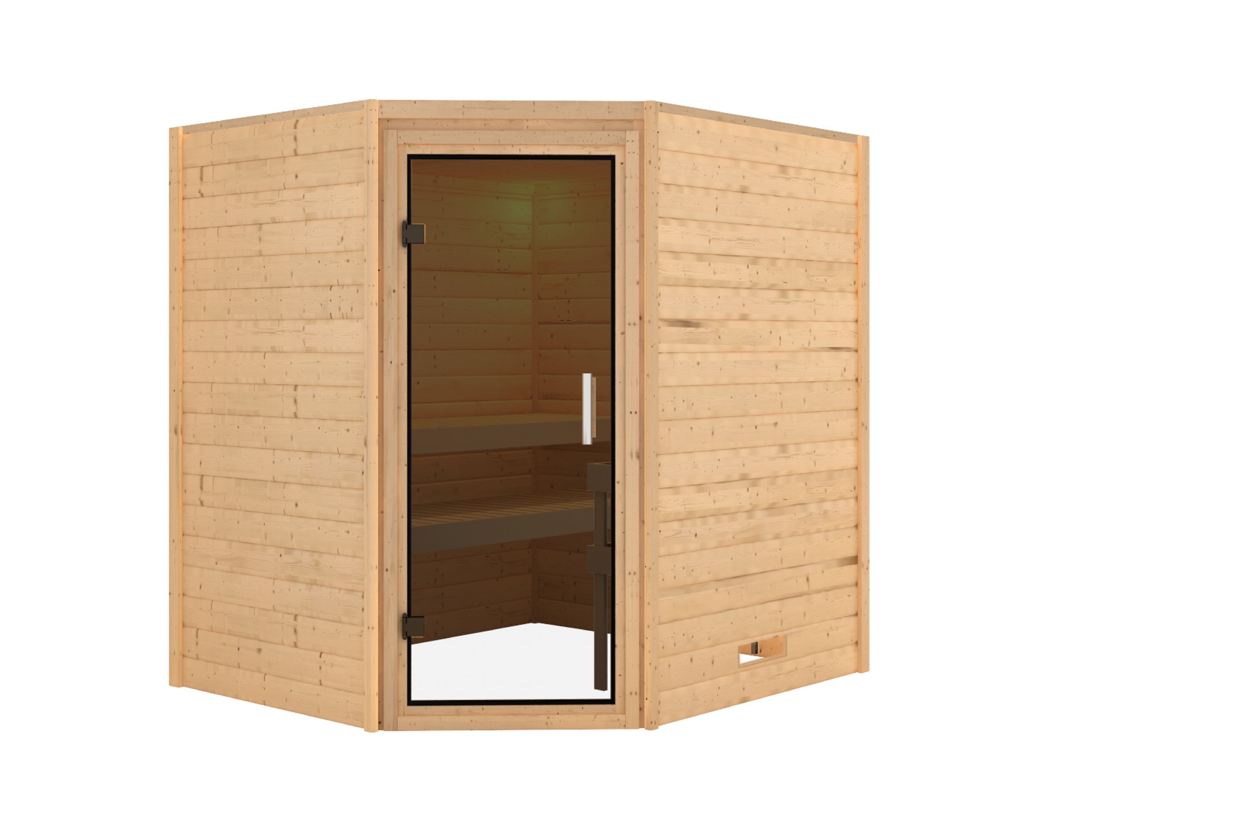 Innenansicht der Karibu Sauna Mia mit Liegen und Kopfstütze aus hellem Espenholz