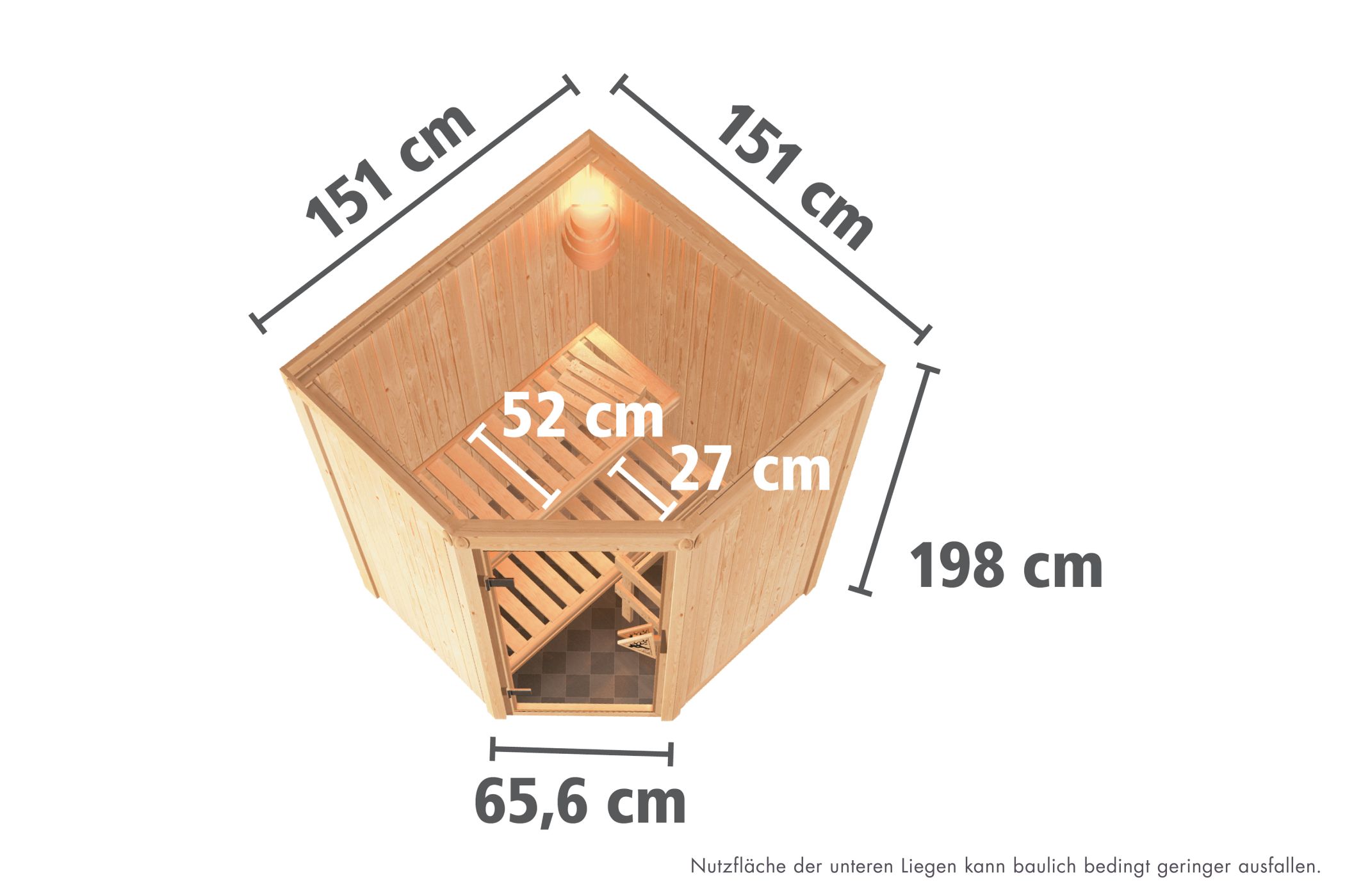 Maßzeichnung der Karibu Sauna Larin Basismodell mit Außenmaß 151 × 151 cm und Höhe 198 cm