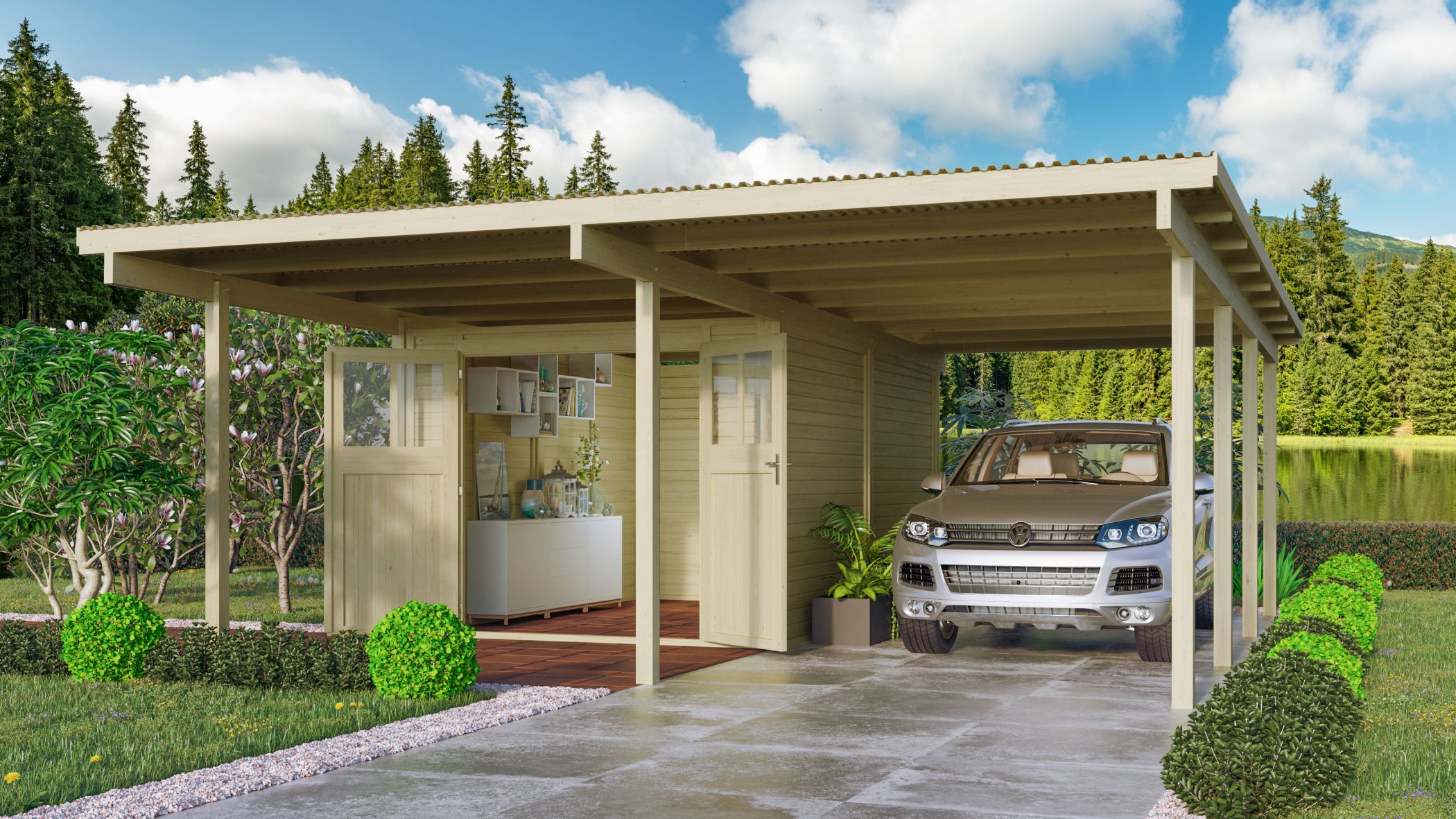 Karibu Doppelcarport BASIC 2 aus KDI-Massivholz im Garten aufgebaut als stimmungsvolle Ambiente-Ansicht
