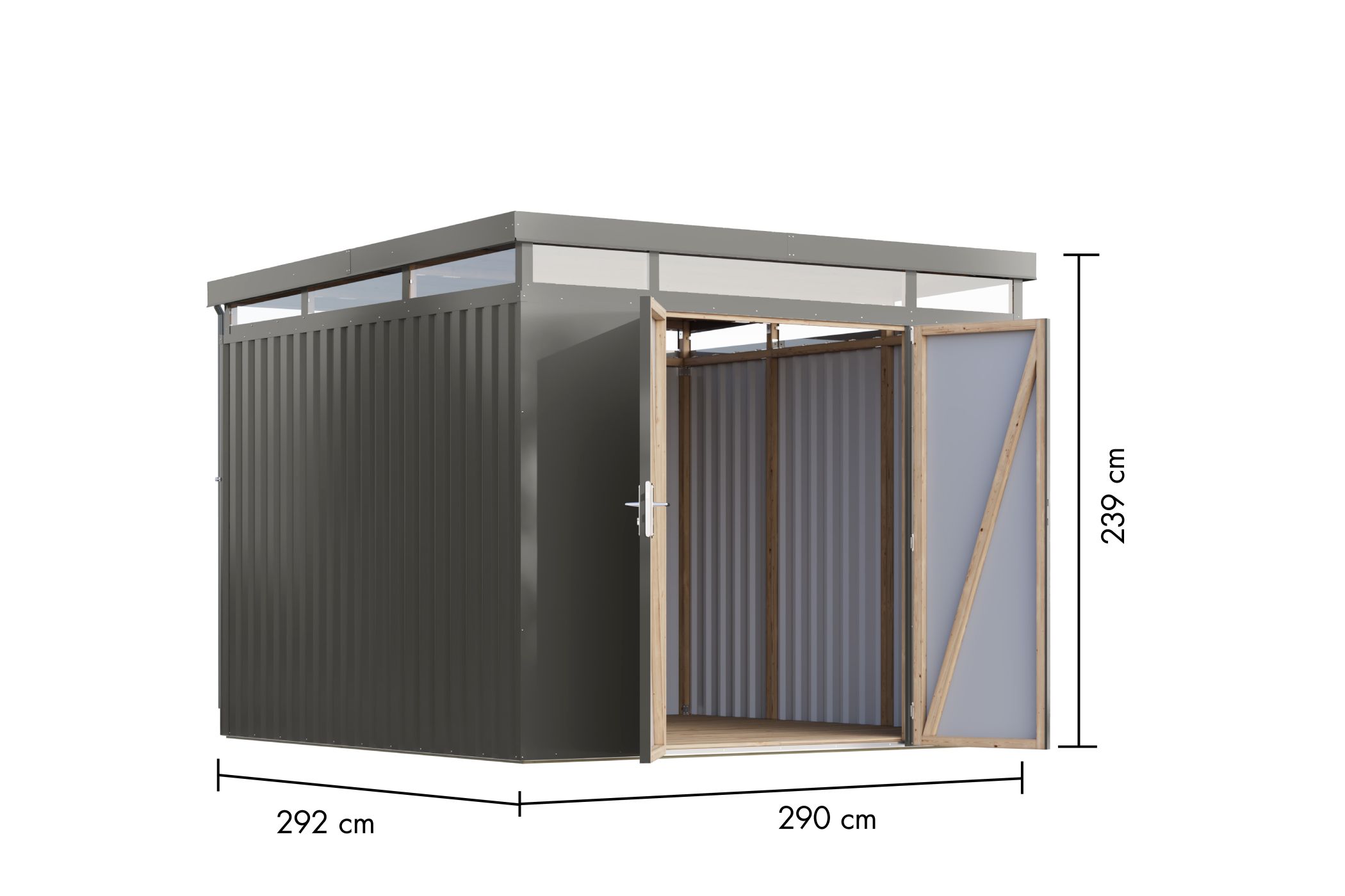 Bemaßte Maßzeichnung des Karibu großes Gerätehaus aus Metall Aurum 3,5, 290 × 292 cm