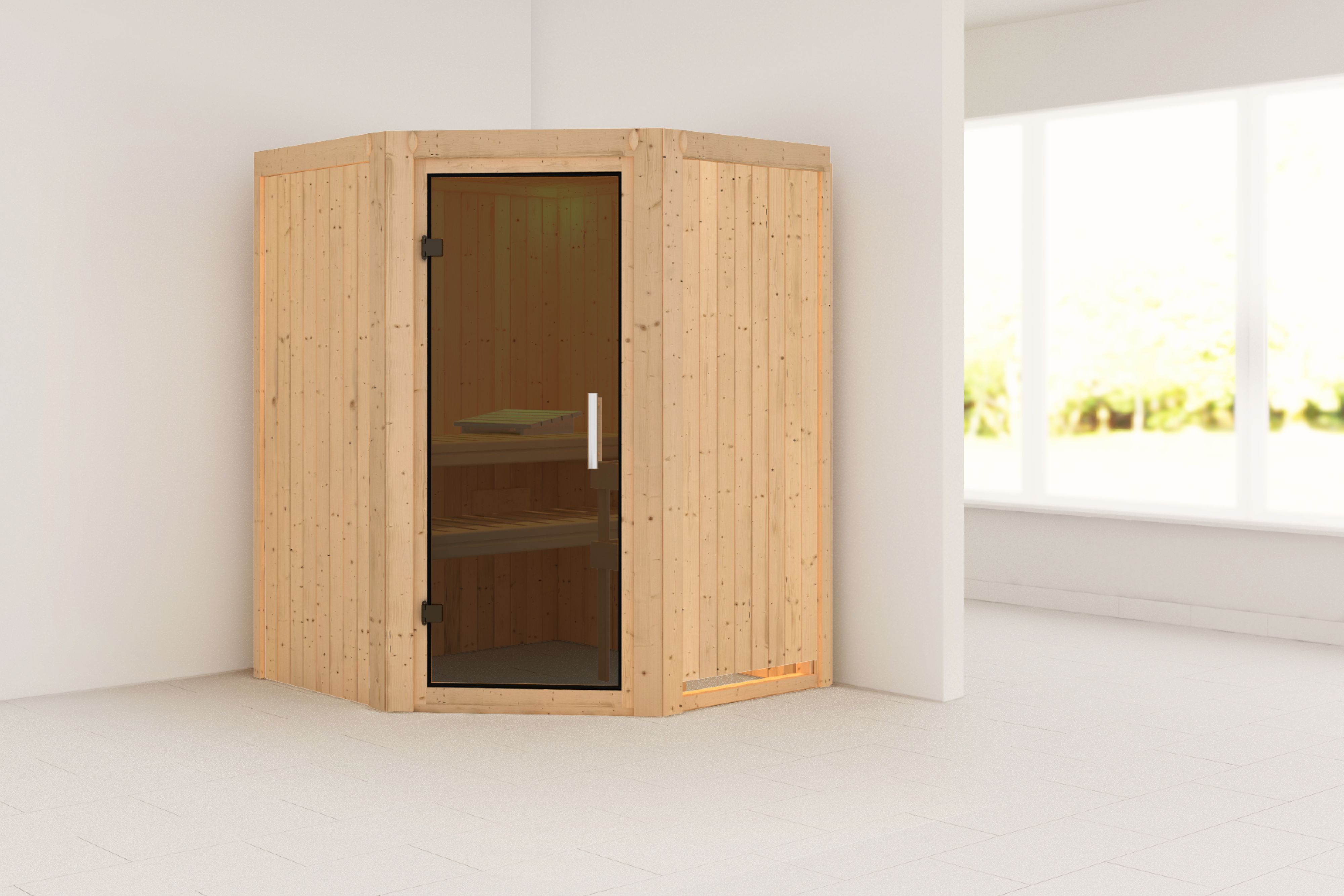 Außenansicht der Karibu Sauna Larin aus nordischer Fichte mit graphitfarbener Ganzglastür und Fronteinstieg
