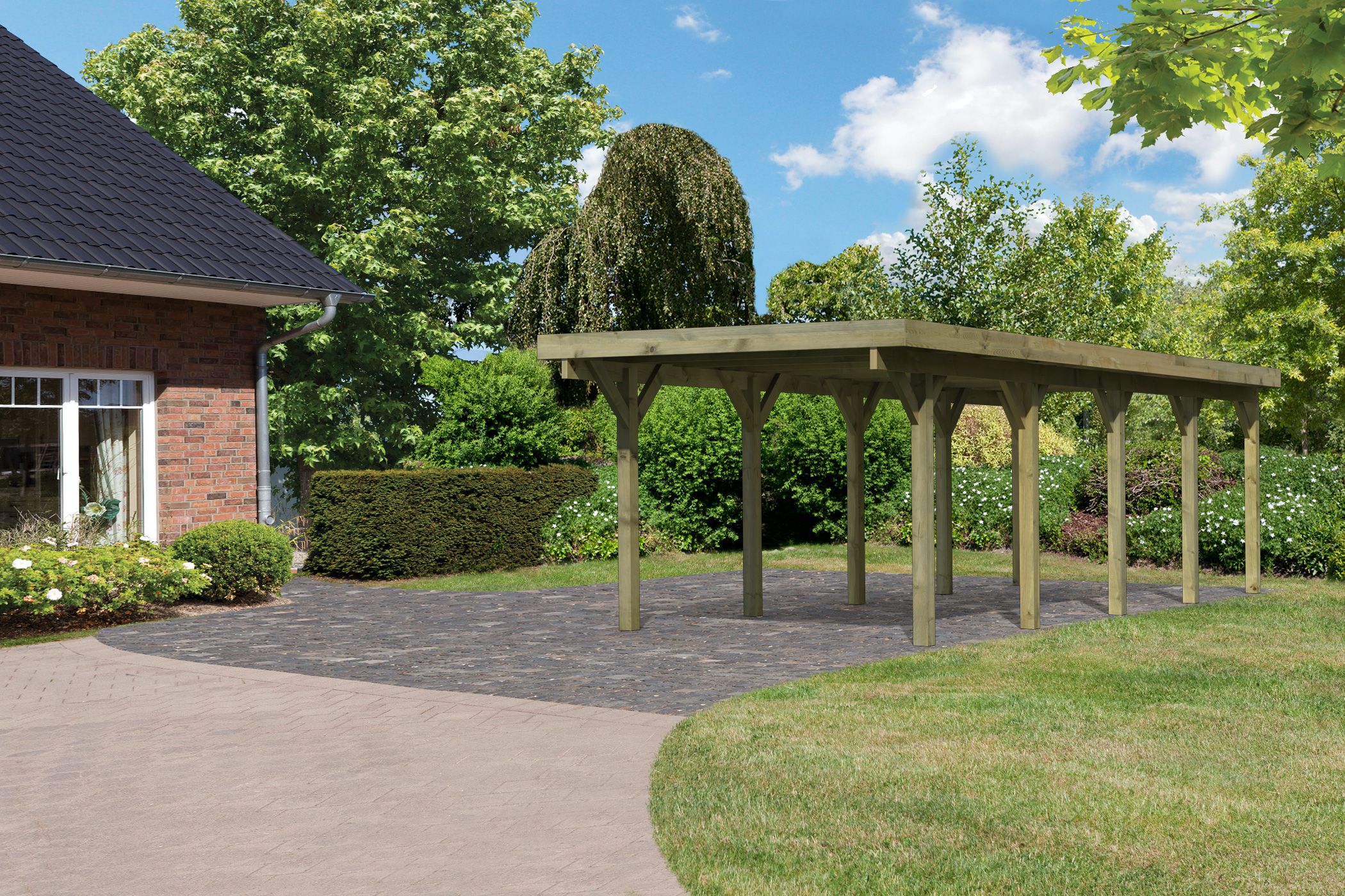 Karibu Einzelcarport Classic 3 aus KDI-Massivholz mit Flachdach im Garten aufgebaut
