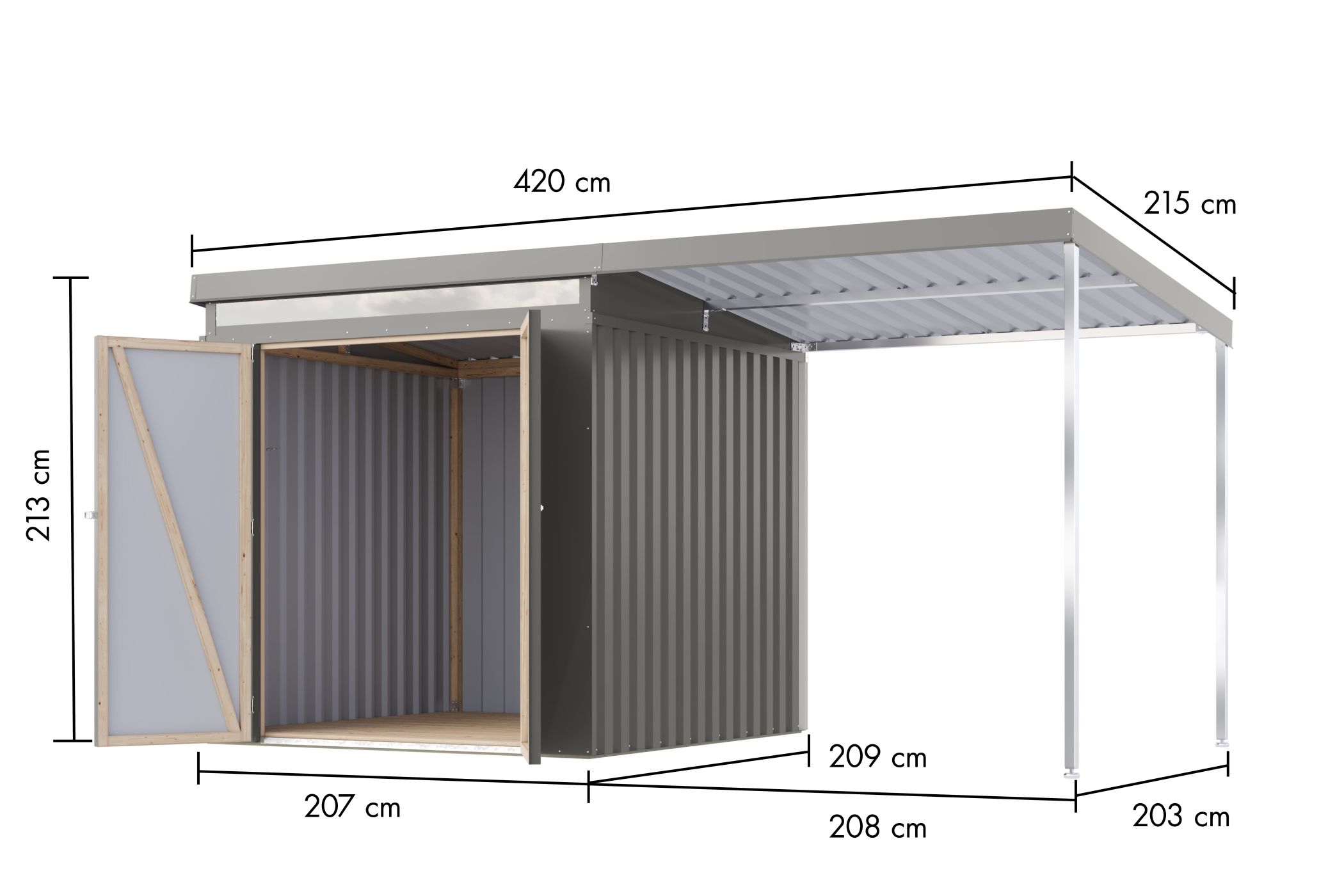 Bemaßte Maßzeichnung des Karibu Gerätehaus aus Metall Iridium 2, 414 × 209 cm