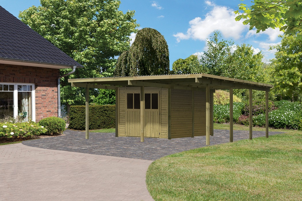 Karibu Doppelcarport BASIC 2 mit integriertem Abstellraum aus KDI-Massivholz im Garten aufgebaut