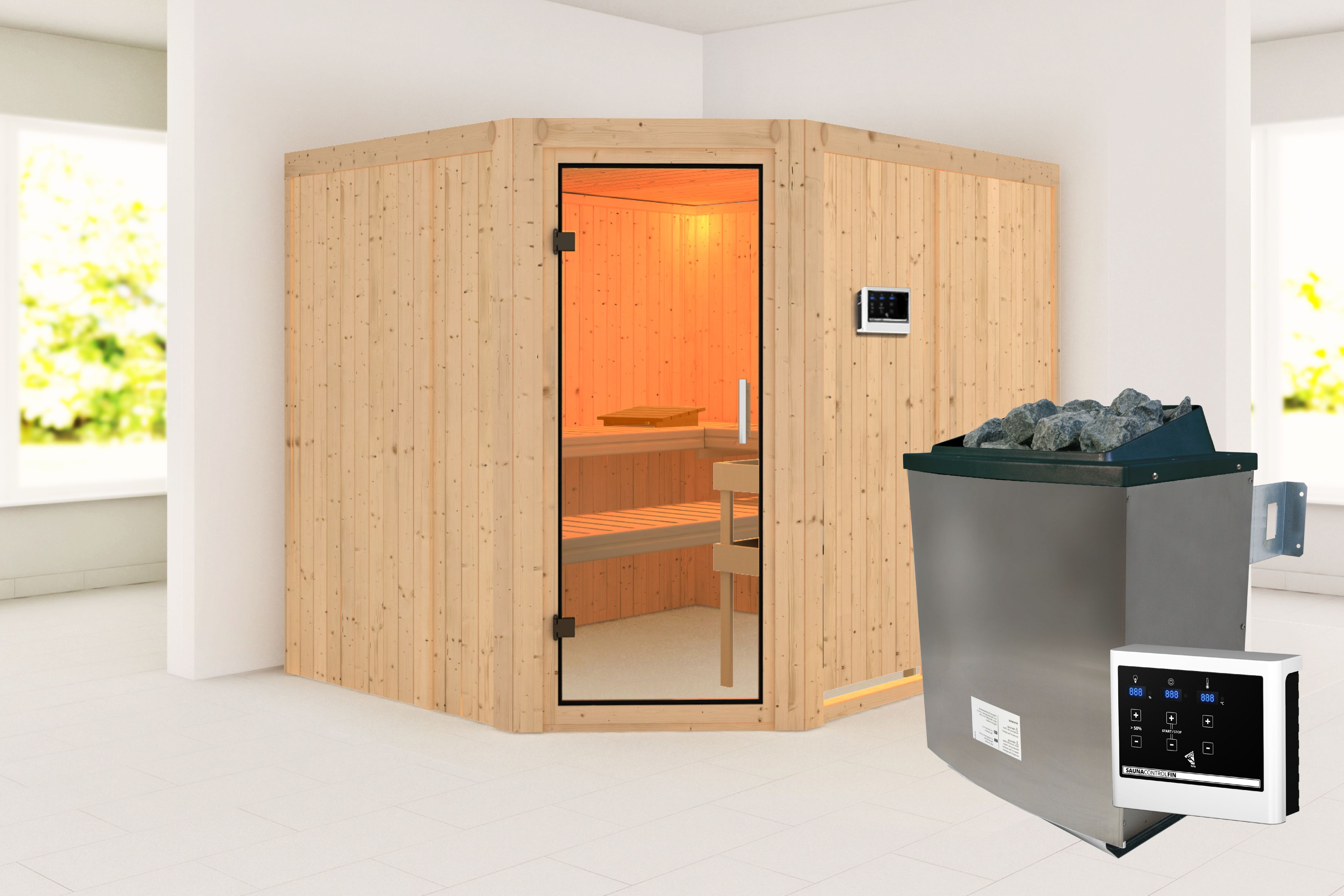 Außenansicht der Karibu Sauna Malin aus nordischer Fichte mit Klarglas-Ganzglastür und Fronteinstieg