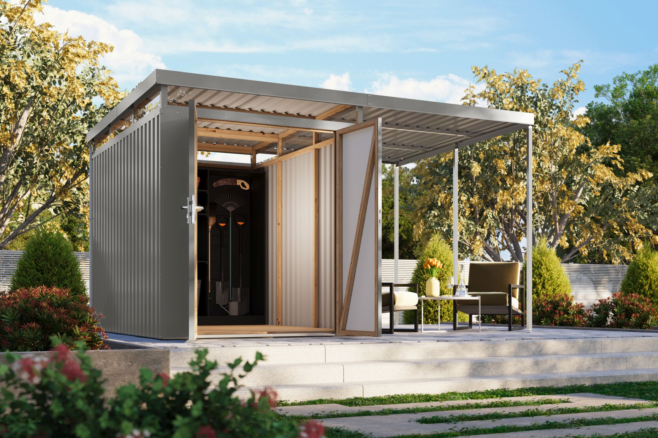 Karibu Gerätehaus aus Metall Aurum 2,5 in Graualuminium im Garten