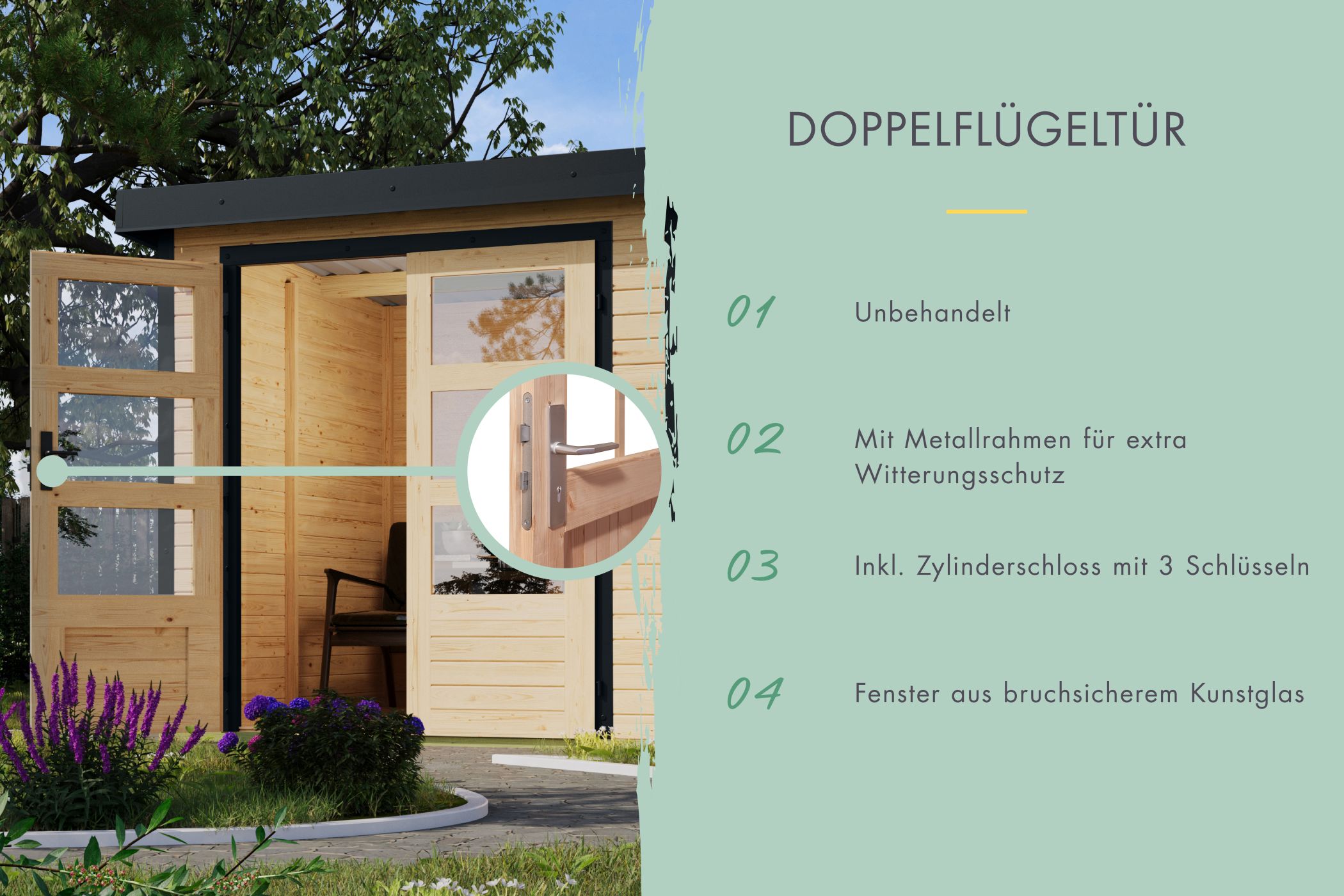 Doppelflügeltür des Karibu Gartenhaus Holz & Metall Pluto 1 mit Zylinderschloss und Kunstglas