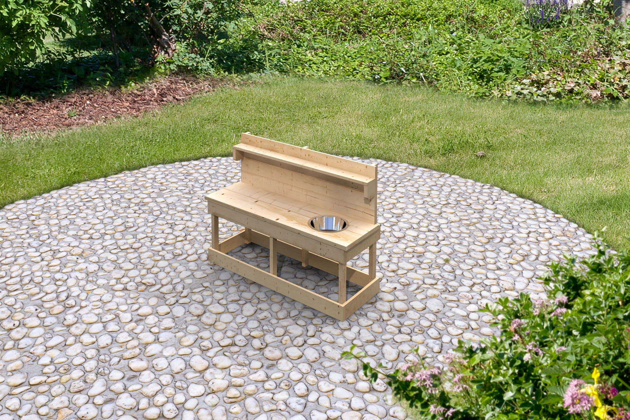 Karibu Matschküche Sandy aus Holz, im Garten aufgebaut