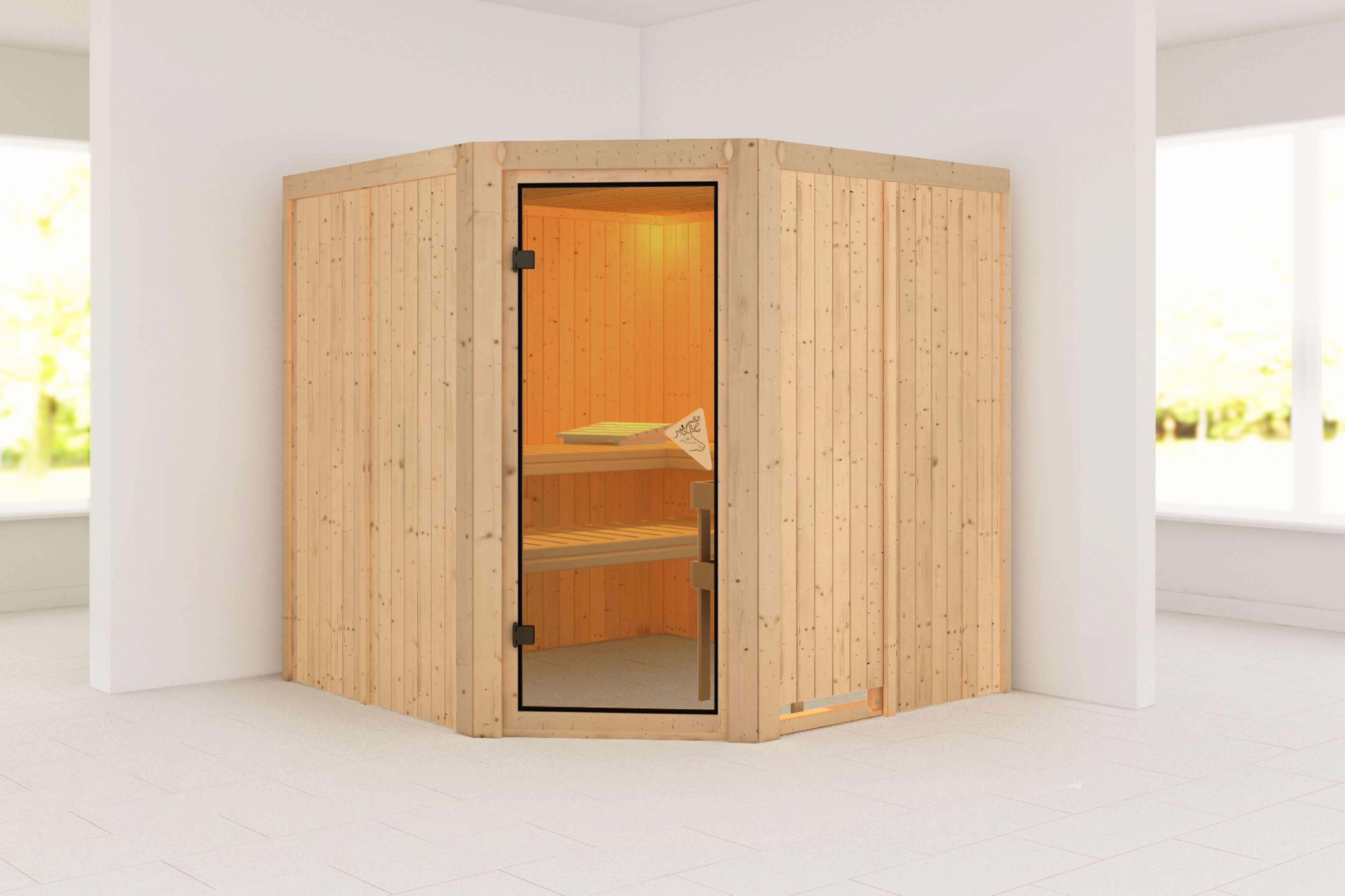Außenansicht der Karibu Sauna Jarin aus nordischer Fichte mit bronzierter Ganzglastür und Fronteinstieg