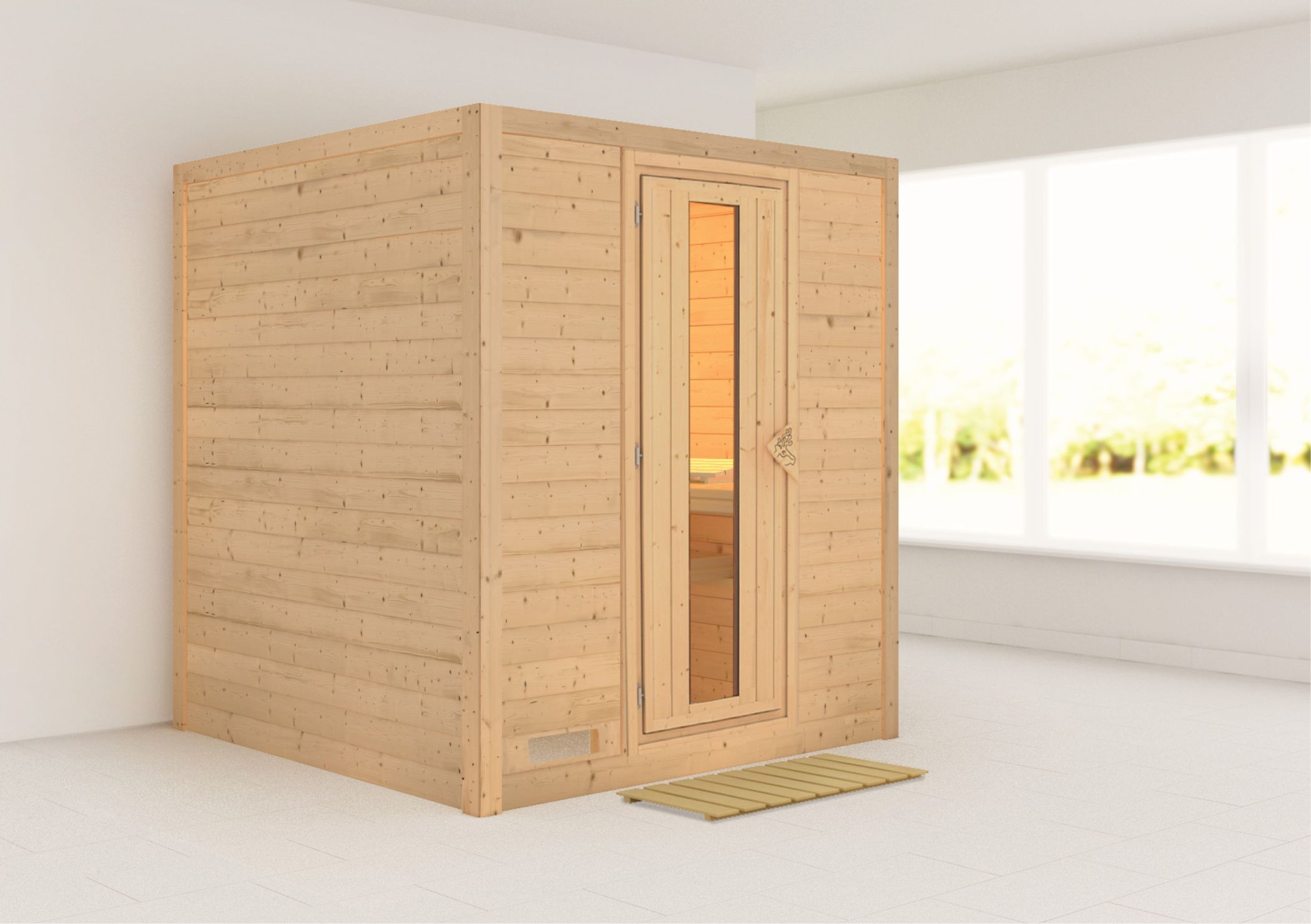 Außenansicht der Karibu Sauna Mojave aus nordischer Fichte mit isolierter Holztür und Fronteinstieg