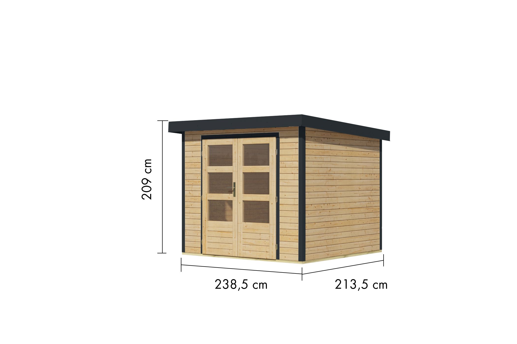 Bemaßte Maßzeichnung des Karibu Gartenhaus Holz & Metall Jupiter 3, 239 × 214 cm
