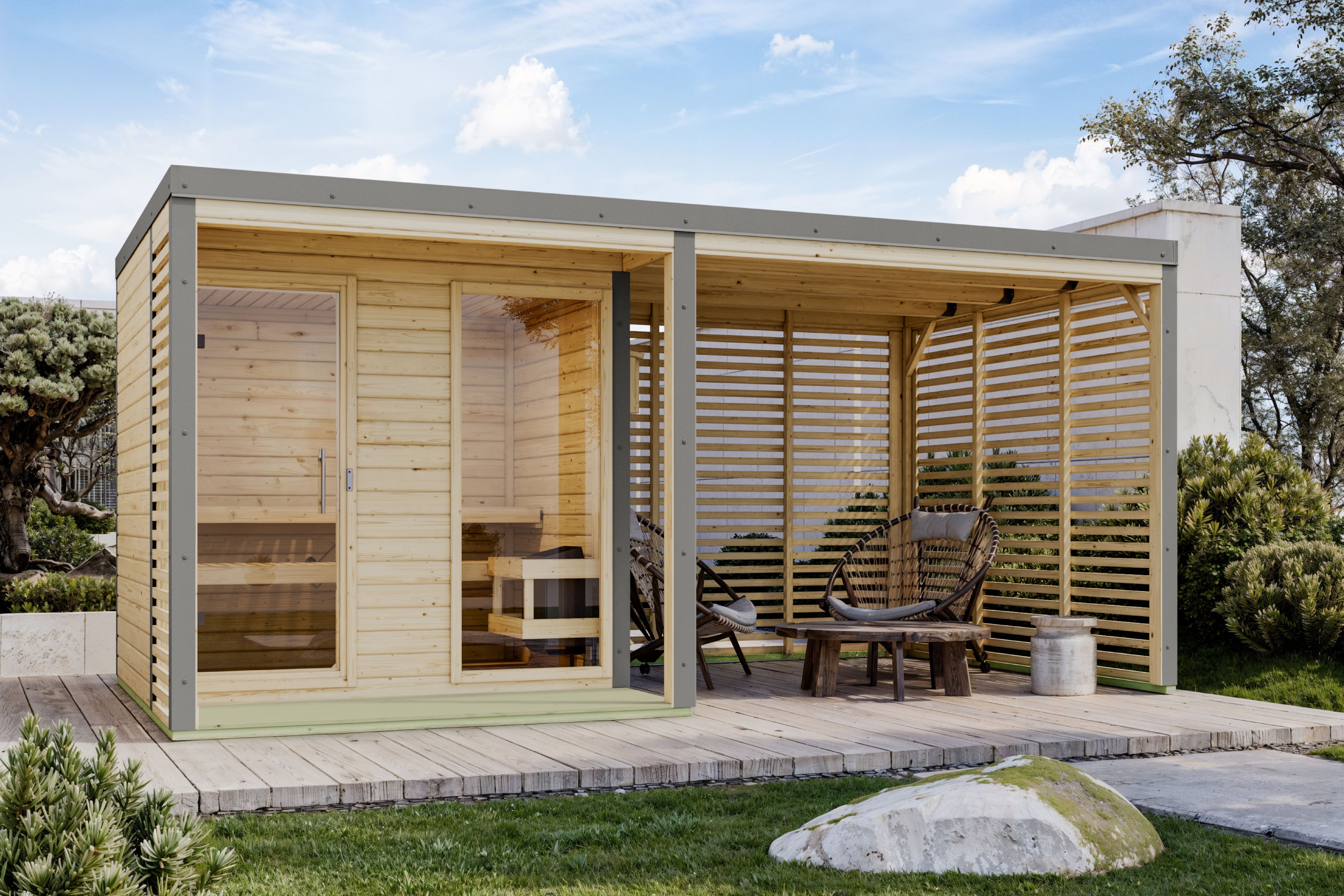 Karibu Saunahaus Ares 2 mit 2,70 m Anbaudach als Gartensauna aus Massivholz im Garten mit Glasfront