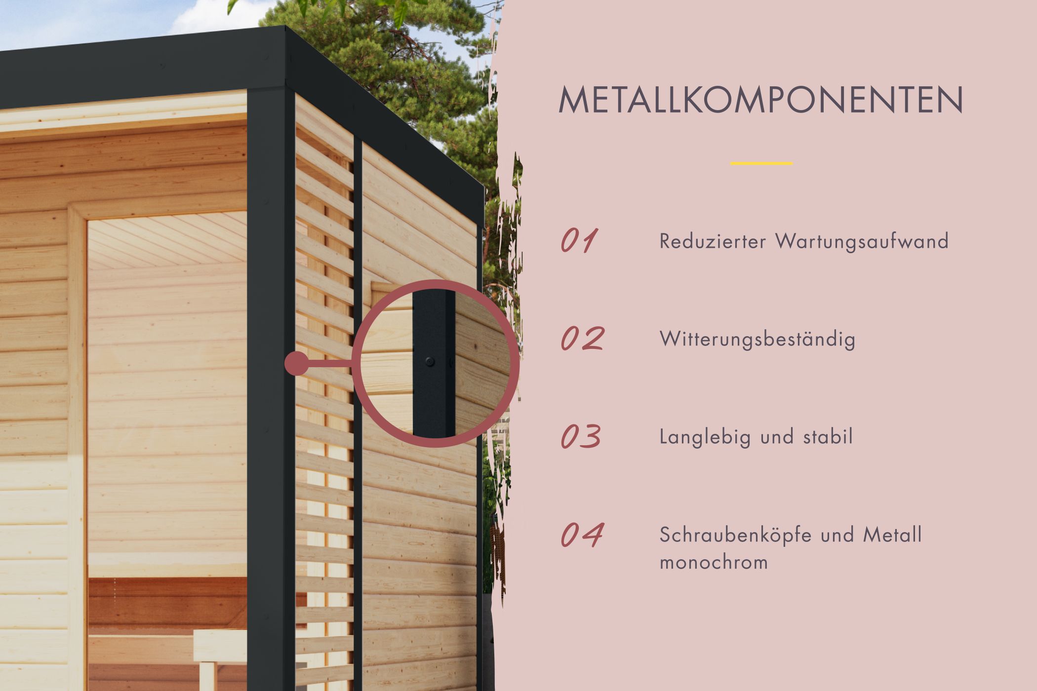 Chromeline-Metallblenden als witterungsbeständige Zierleisten für die Ecken der Karibu Gartensauna