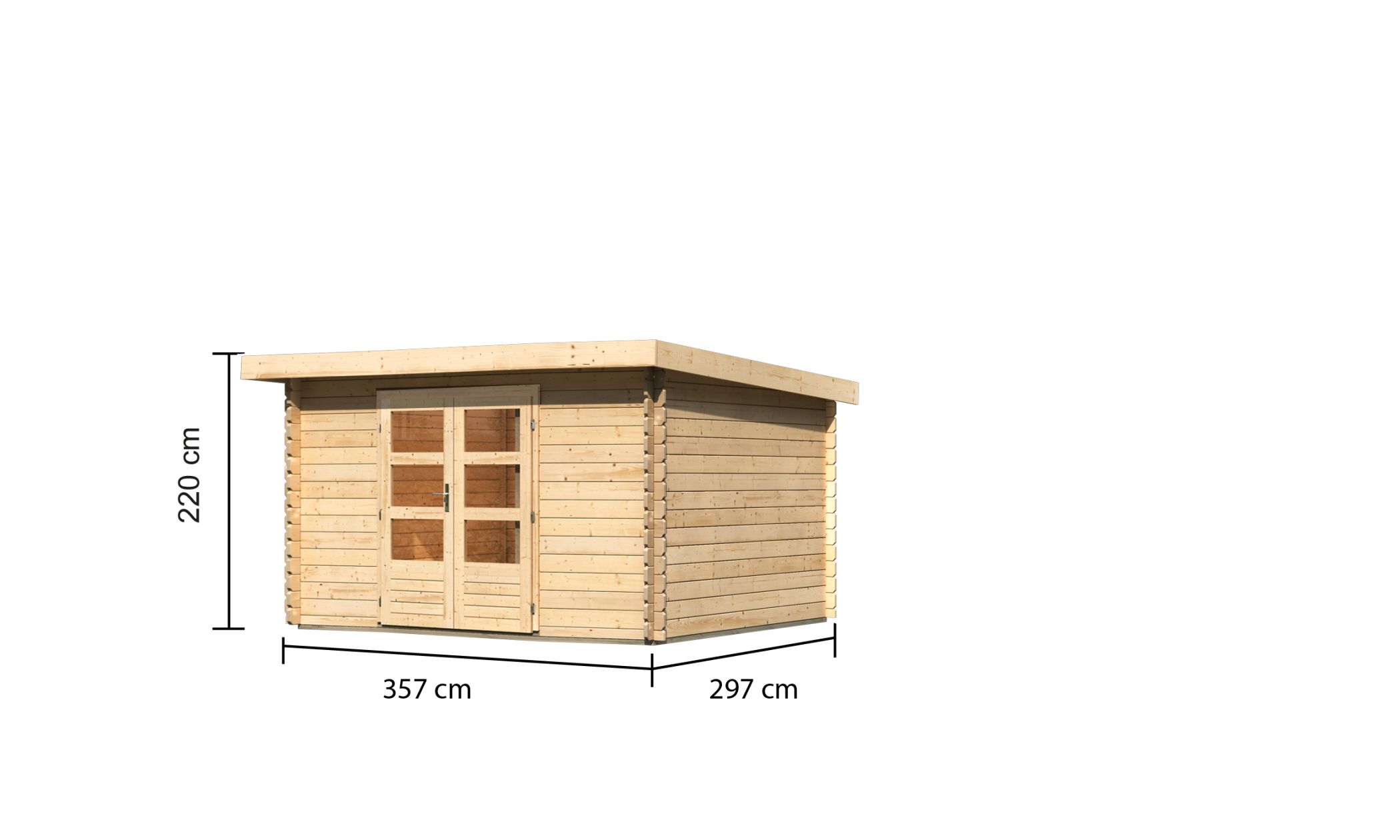 Bemaßte Maßzeichnung des Karibu Gartenhaus Bastrup 7, 357 × 297 cm