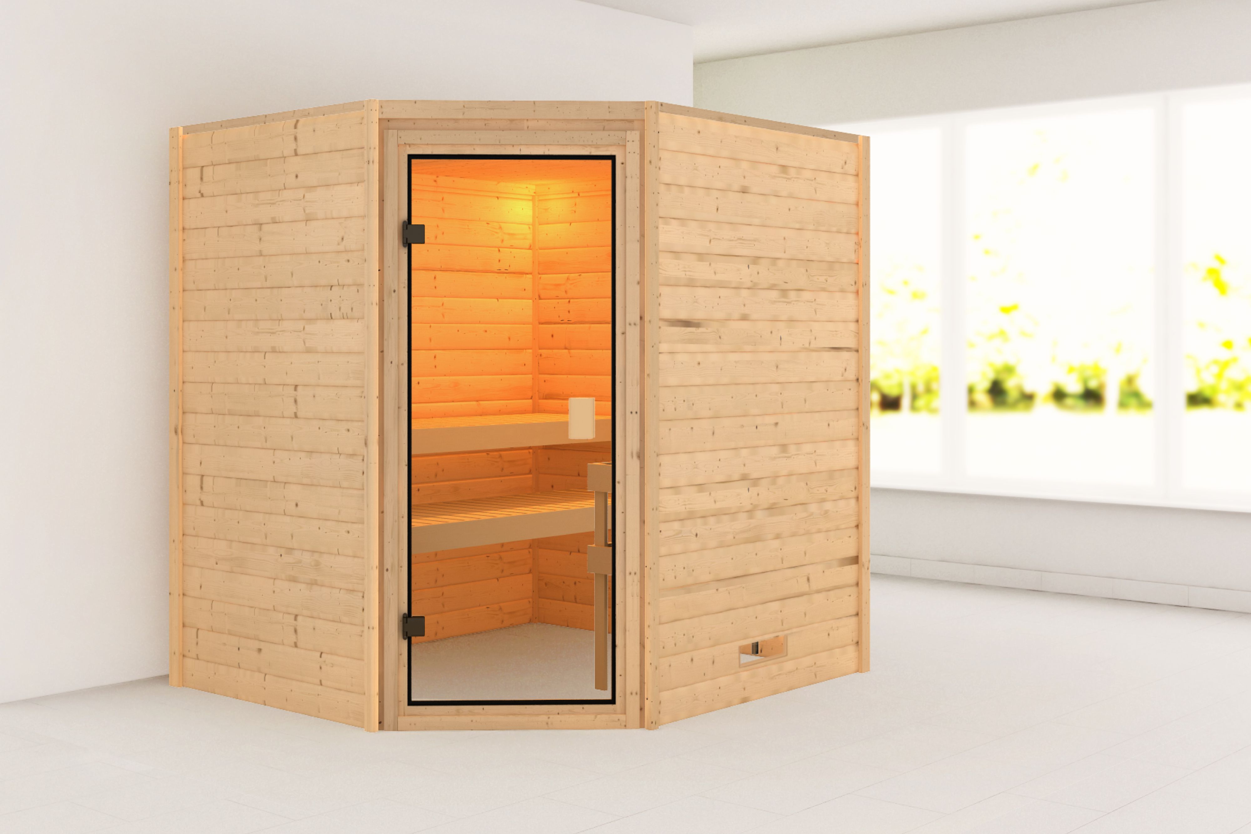 Außenansicht der Karibu Sauna Valida 3 Eckeinstieg aus nordischer Fichte mit Ganzglastür und Fronteinstieg