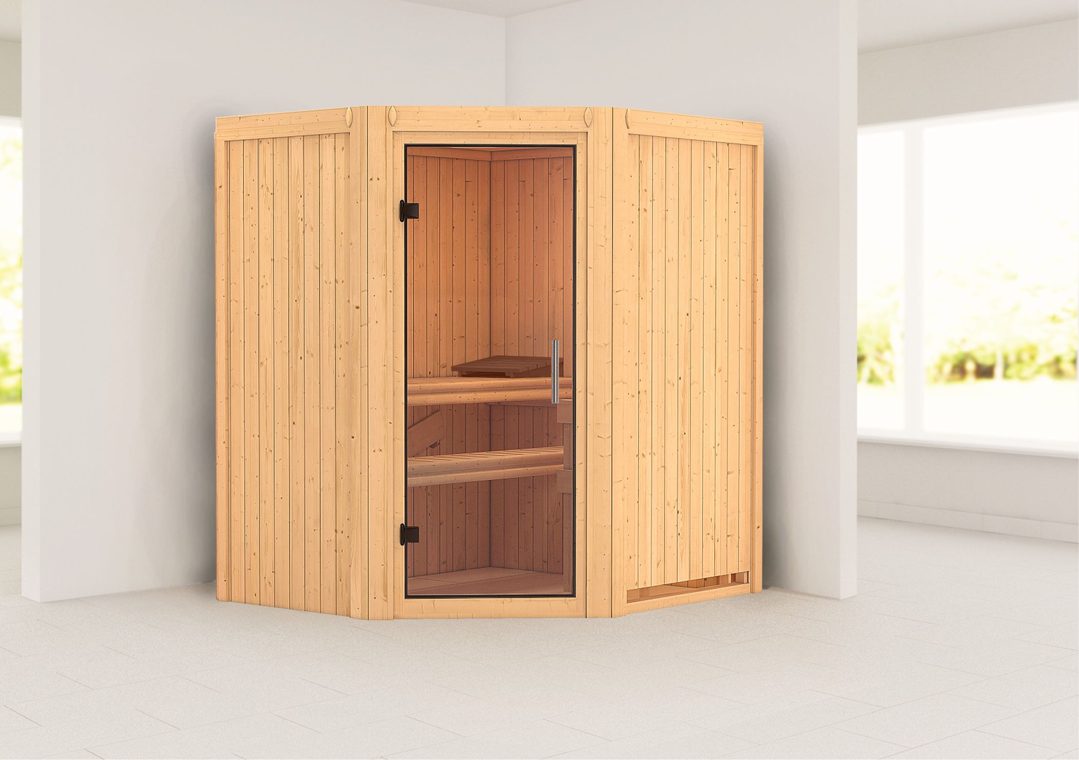 Außenansicht der Karibu Sauna Tonja aus nordischer Fichte mit Klarglas-Ganzglastür und Fronteinstieg