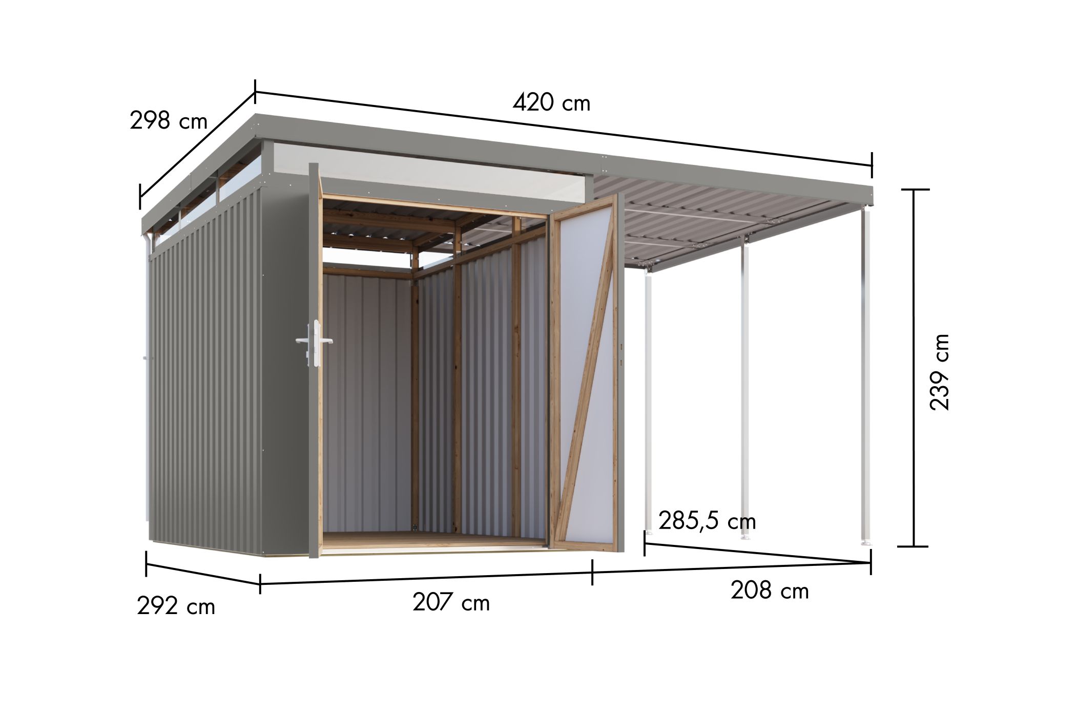 Bemaßte Maßzeichnung des Karibu Gerätehaus aus Metall Aurum 2,5, 414 × 292 cm