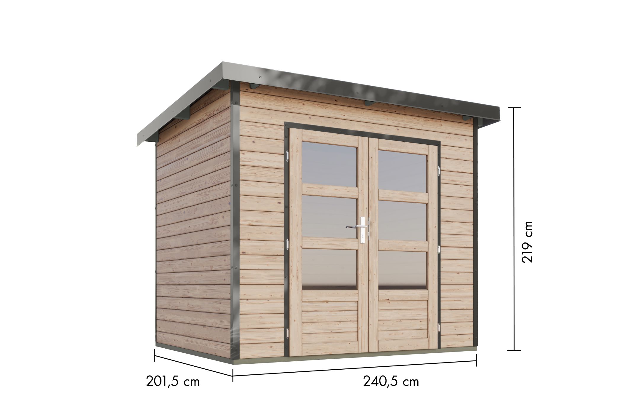 Bemaßte Maßzeichnung des Karibu Gartenhaus Holz & Metall Pluto 2, 240 × 200 cm