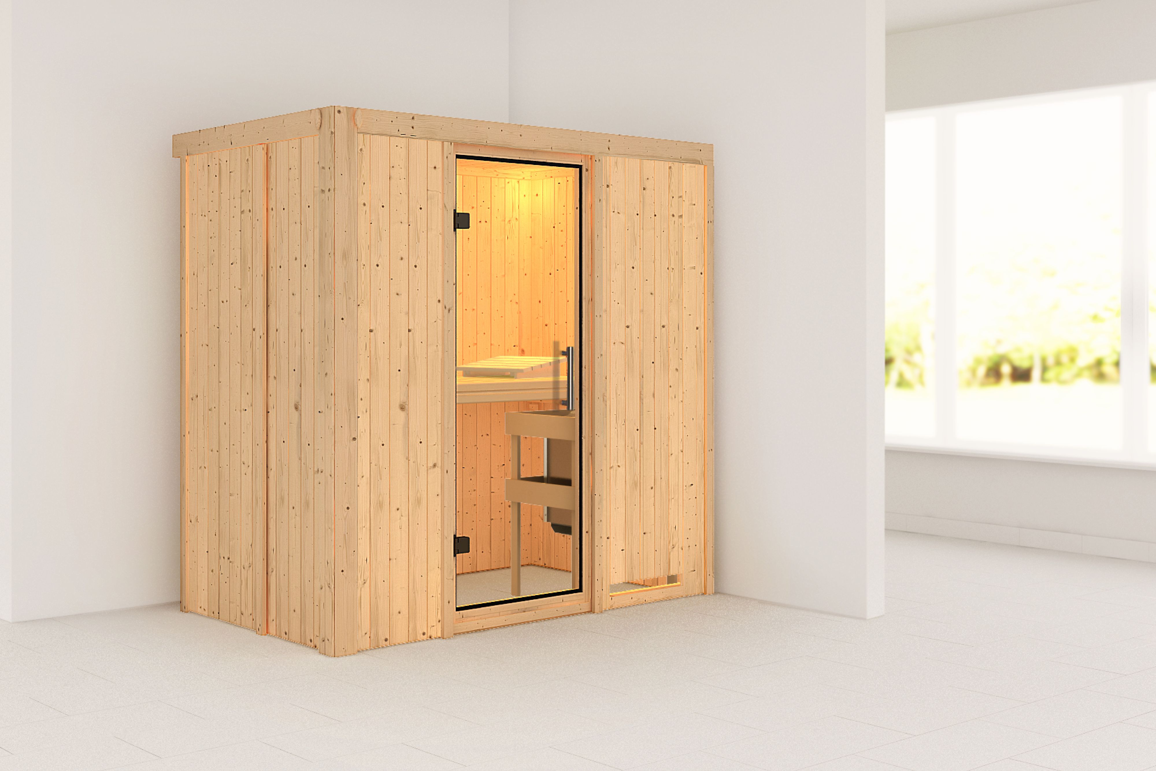 Außenansicht der Karibu Sauna Variado aus nordischer Fichte mit Klarglas-Ganzglastür und Fronteinstieg