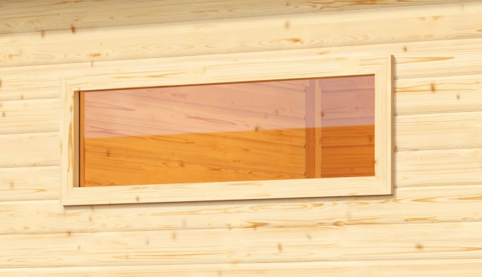 Saunafenster mit Klarglas in einer naturbelassenen Wand aus nordischer Fichte für Karibu Saunen