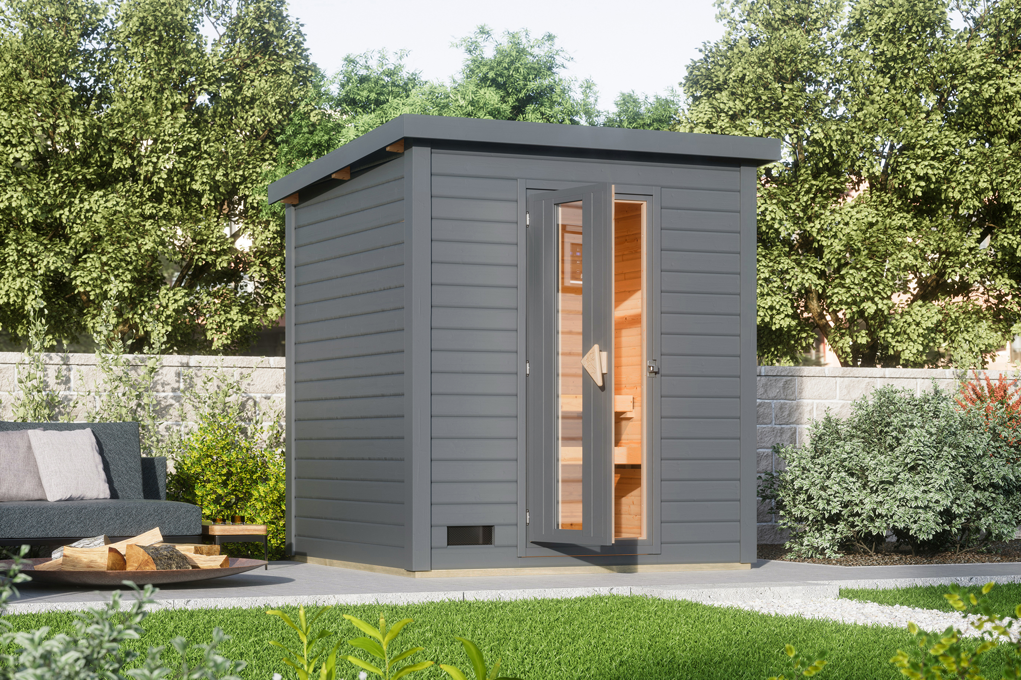 Karibu Saunahaus Hytti 2 als Gartensauna aus Massivholz im Garten mit Glasfront