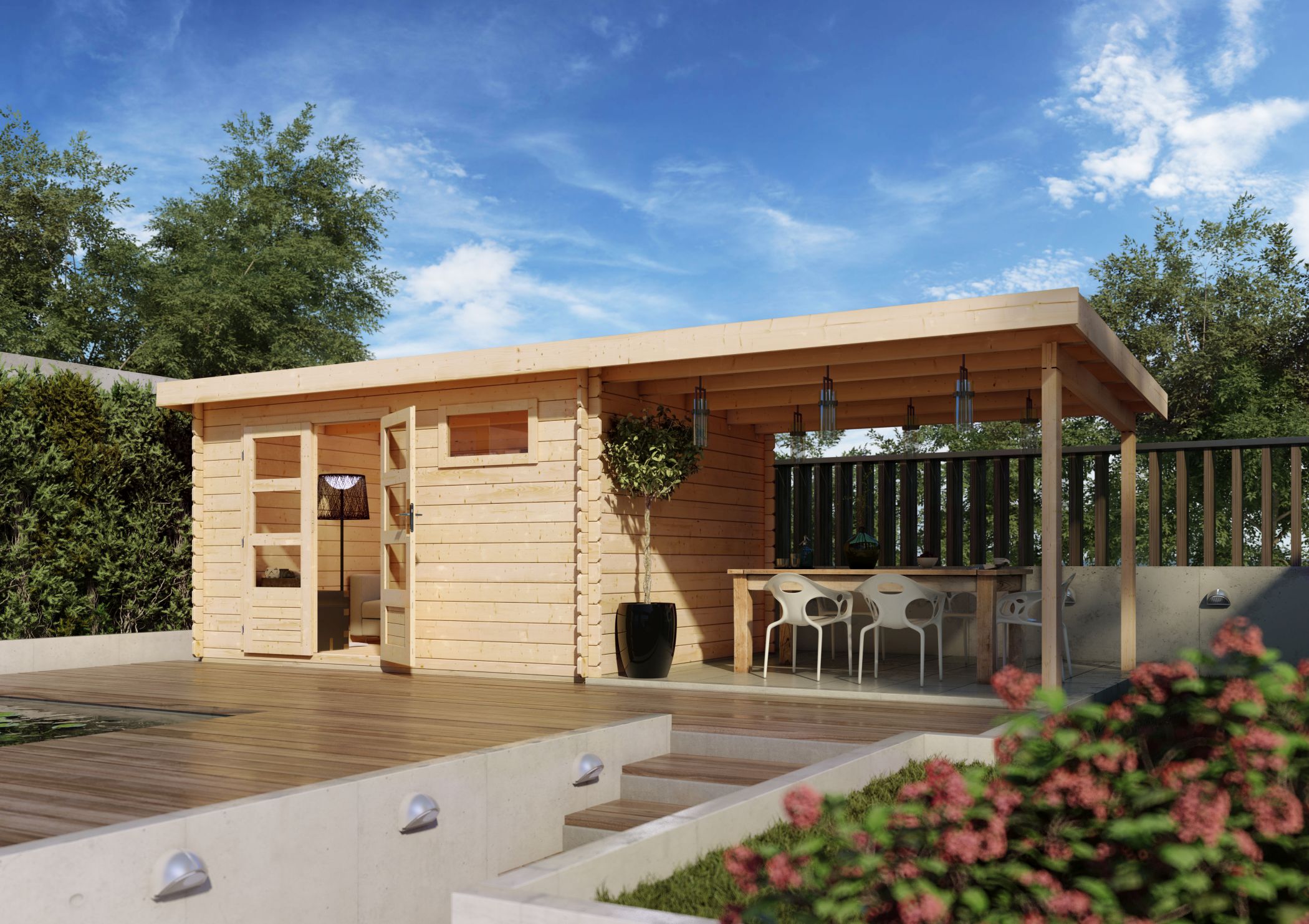 Karibu Gartenhaus Bastrup 8 in Naturbelassen und Anbaudach im Garten