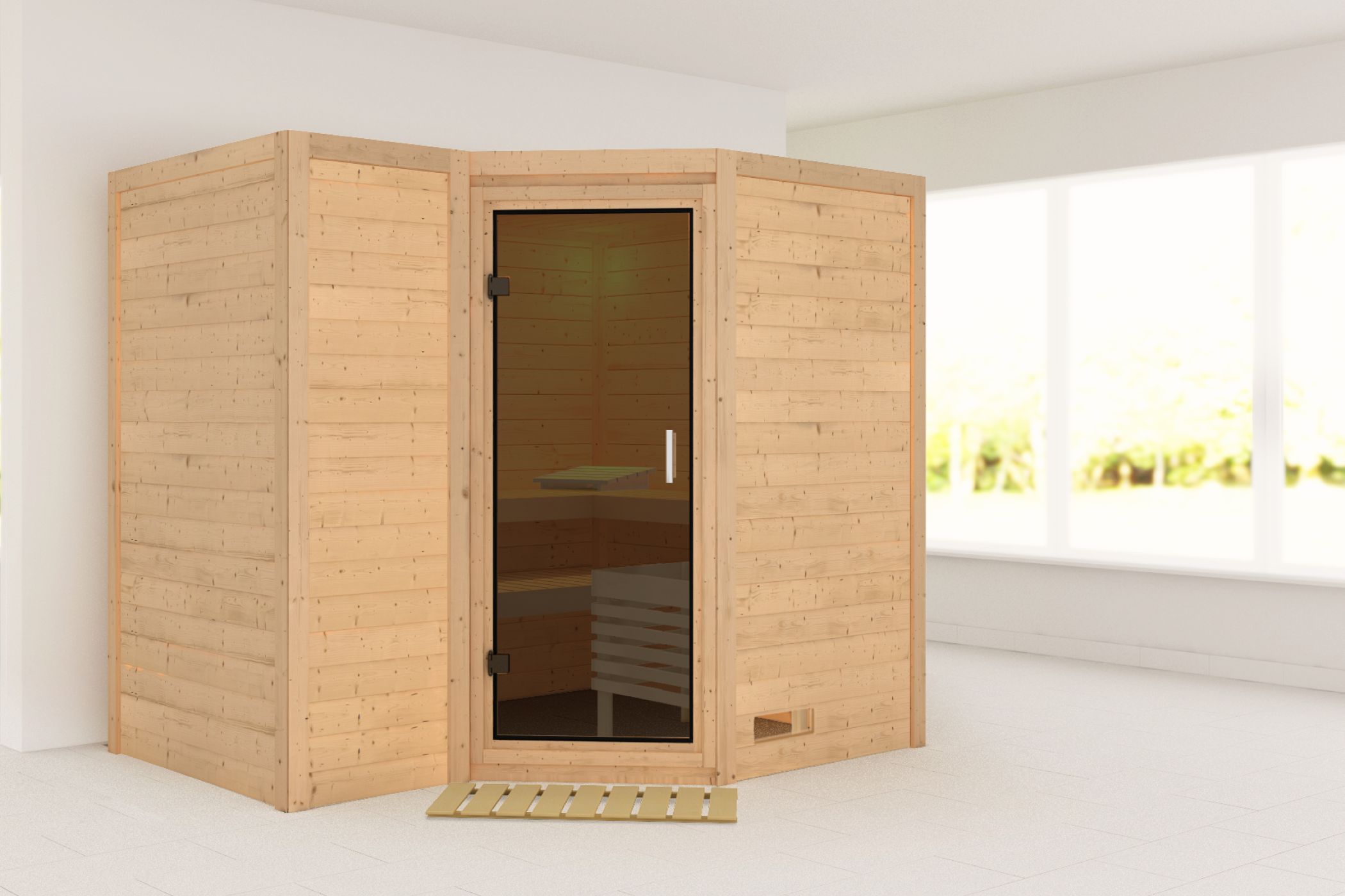 Außenansicht der Karibu Sauna Sahib 2 aus nordischer Fichte mit graphitfarbener Ganzglastür und Fronteinstieg