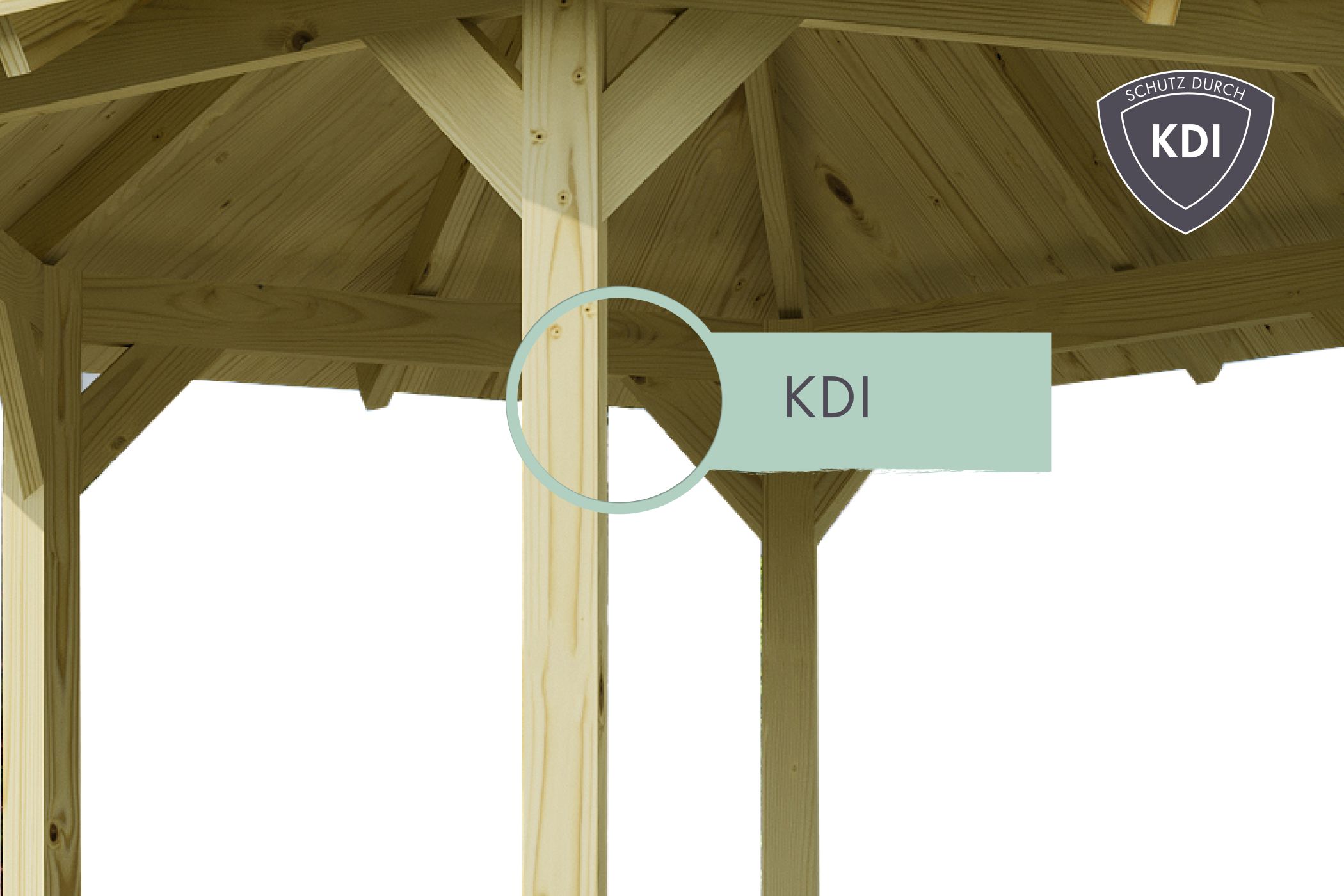 Detailansicht der KDI-imprägnierten Massivholzpfosten und Dachbalken eines Karibu Carports