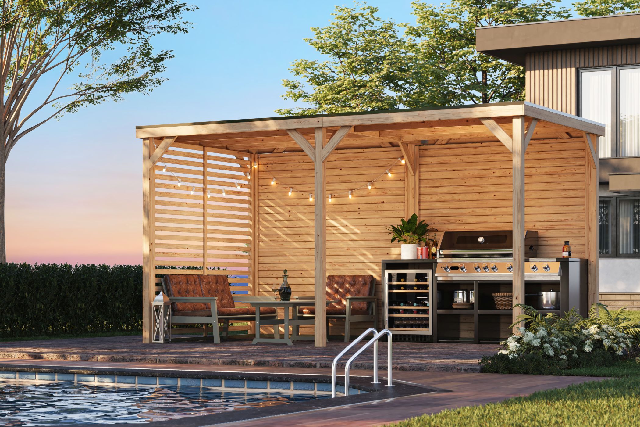 Karibu Cubeco Pavillon im aus Leimholz mit Flachdach im Garten als Ambiente-Ansicht