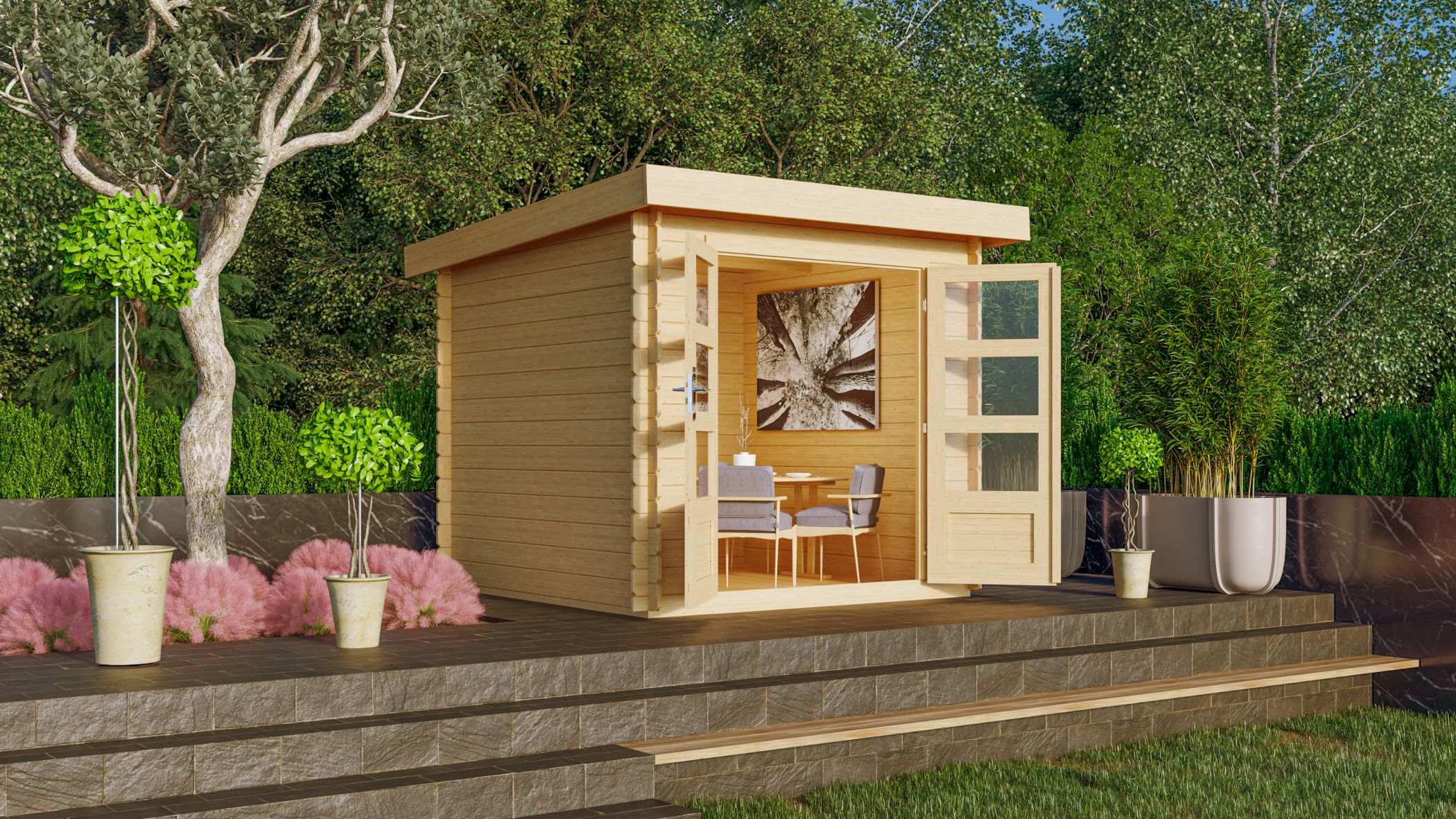 Karibu Gerätehaus Bastrup 2 mit Anbaudach im Garten