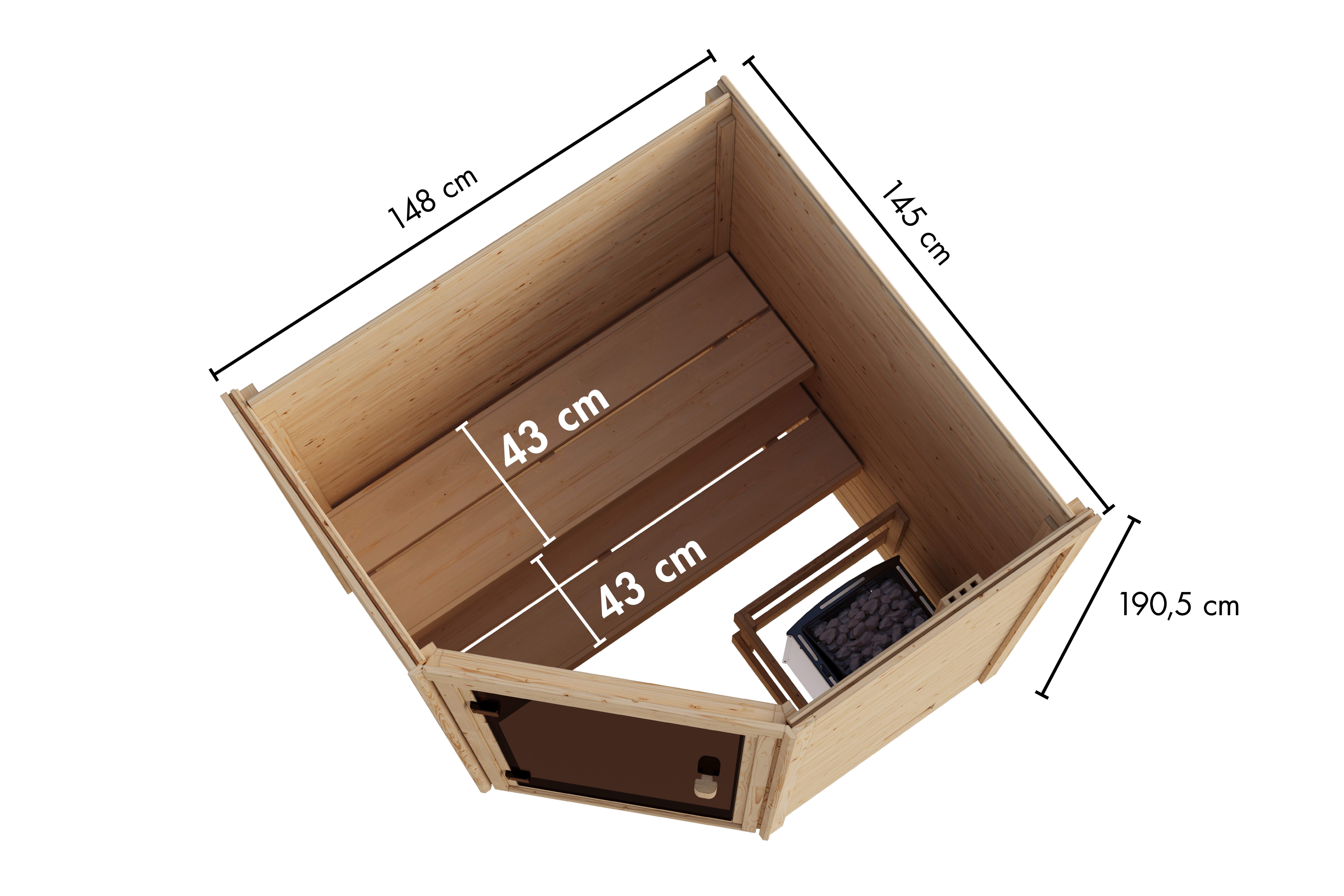 Maßzeichnung der Karibu Sauna Eda mit Außenmaß 148 × 145 cm und Höhe 190 cm