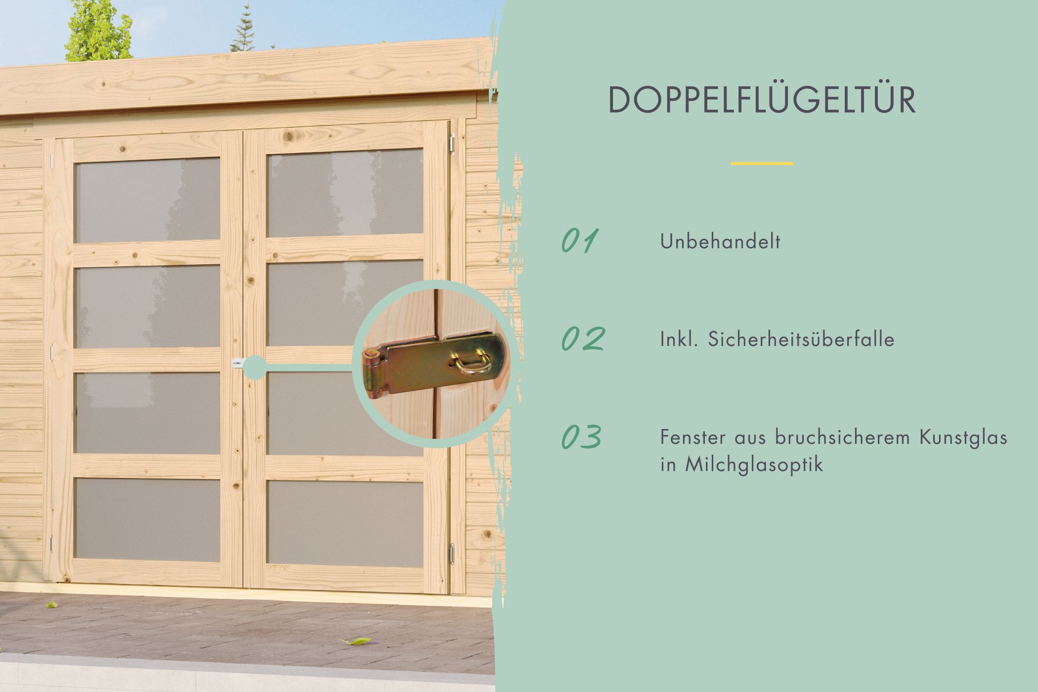 Doppelflügeltür des Karibu großes Gerätehaus Mühlentrup 2 mit Zylinderschloss und Kunstglas