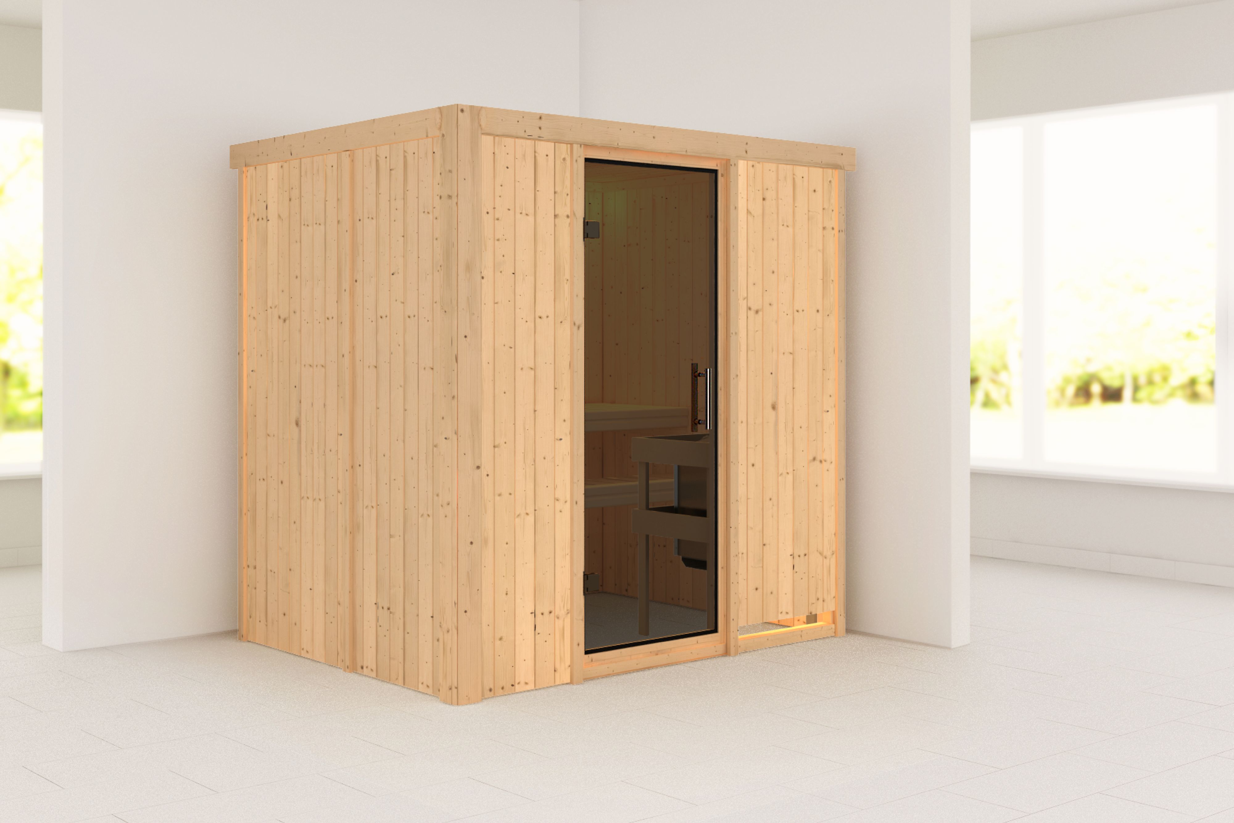 Außenansicht der Karibu Sauna Bodin aus nordischer Fichte mit graphitfarbener Ganzglastür und Fronteinstieg