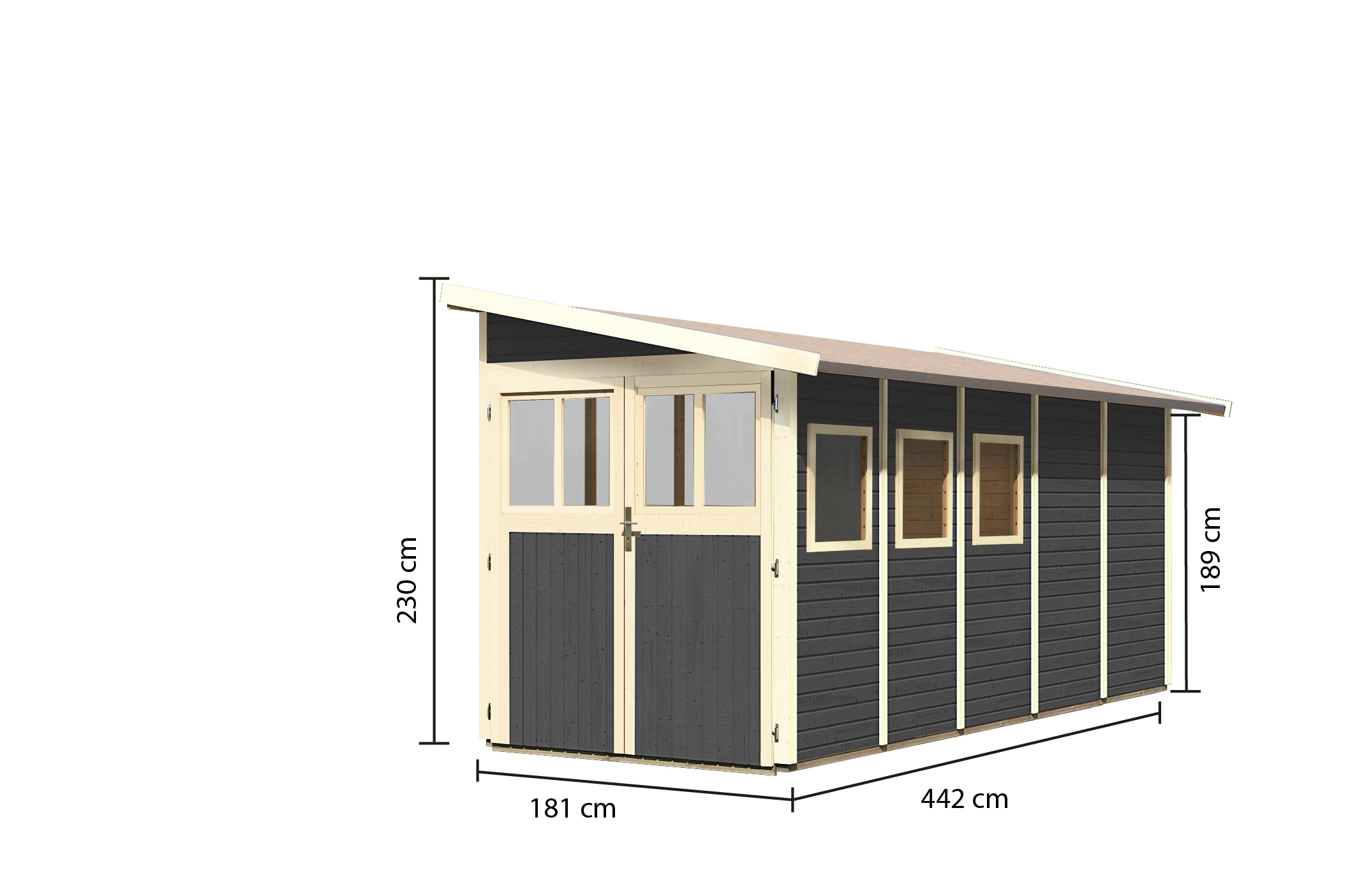 Bemaßte Maßzeichnung des Karibu großes Gerätehaus Wandlitz 5 mit Bemaßung