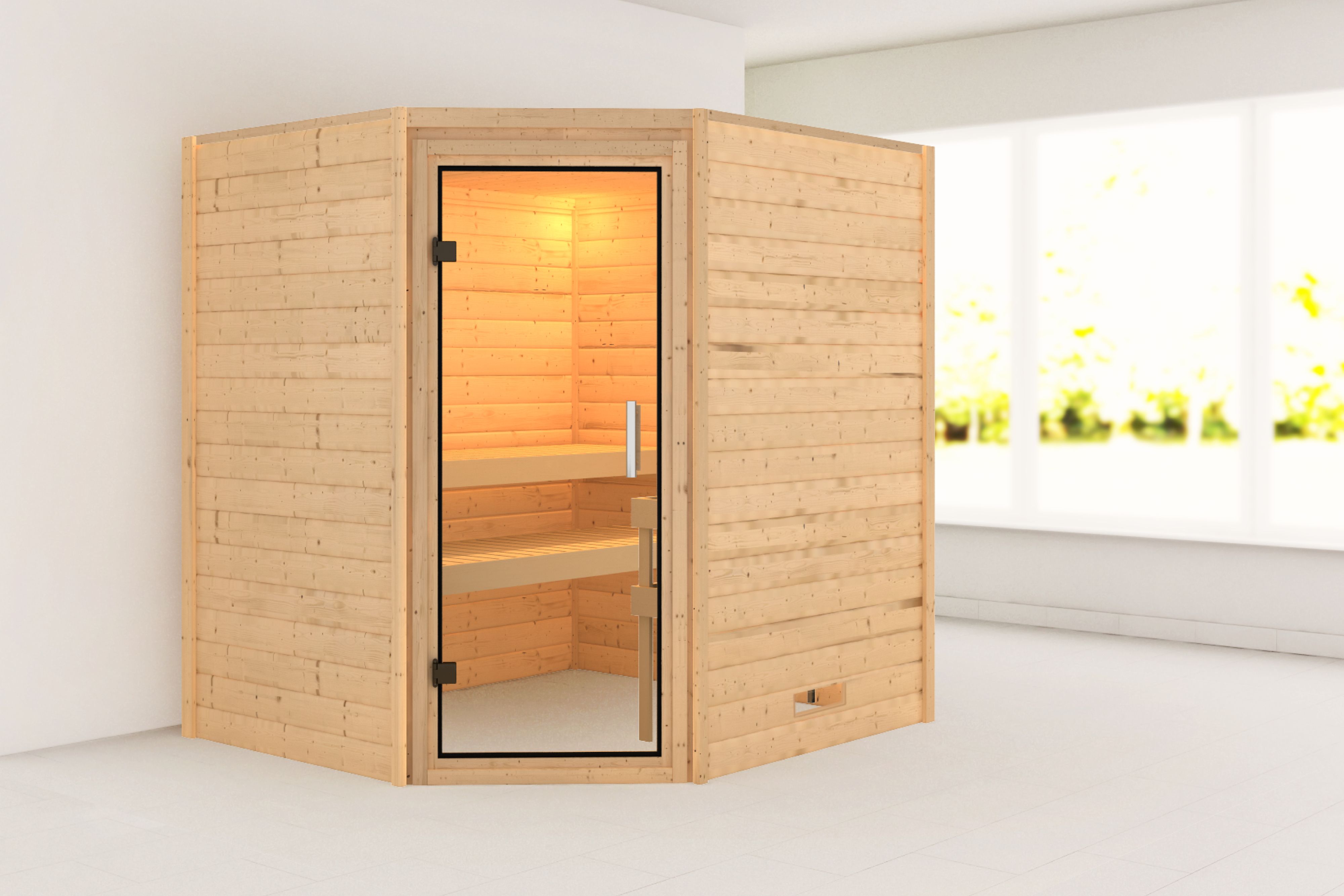 Außenansicht der Karibu Sauna Mia aus nordischer Fichte mit Klarglas-Ganzglastür und Fronteinstieg