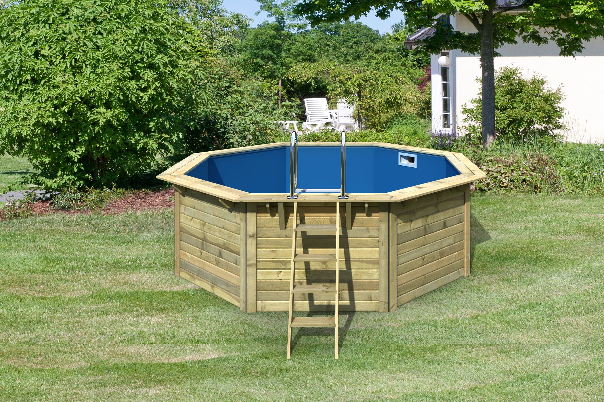 Ausstattungsübersicht des Karibu Pool Modell X1 in 38-mm-Blockbohlenbauweise mit Doppelflügeltür und Massivholzdach