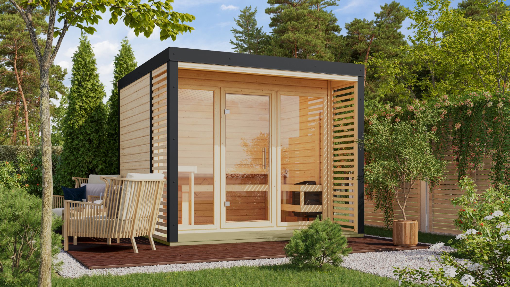 Karibu Saunahaus Ares 3 als Gartensauna aus Massivholz im Garten mit Glasfront