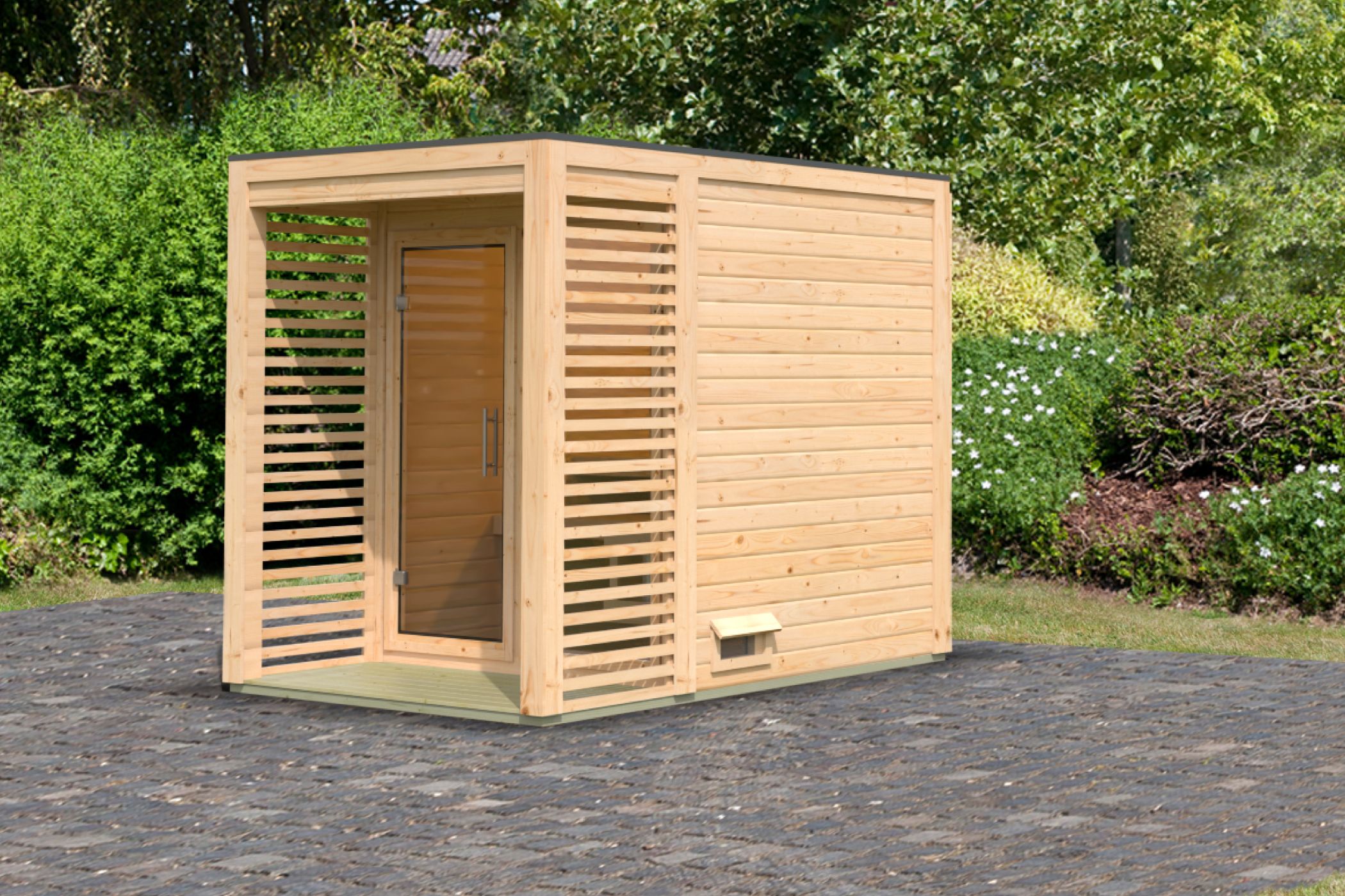 Karibu Saunahaus Angkor 1 als Gartensauna aus Massivholz im Garten mit Glasfront