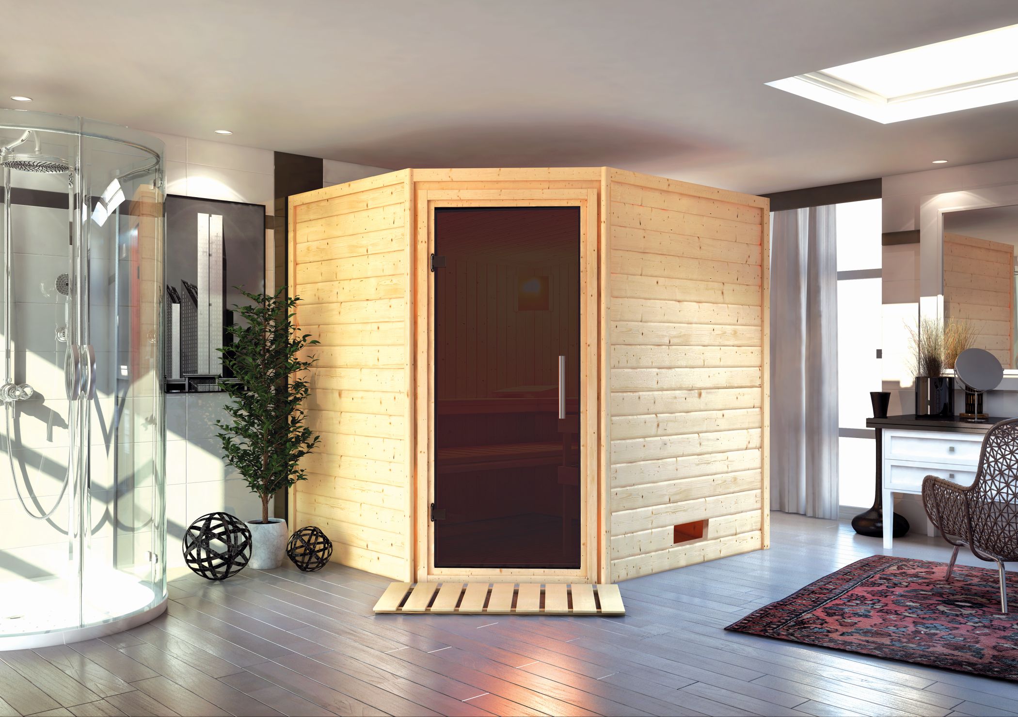 Karibu Sauna Mia als hochwertige Sauna aus nordischer Fichte im Wohnraum-Ambiente