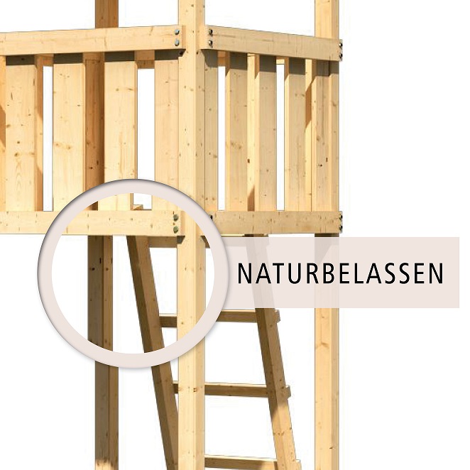 Farbausführung eines AKUBI Spielturms aus naturbelassenem Holz