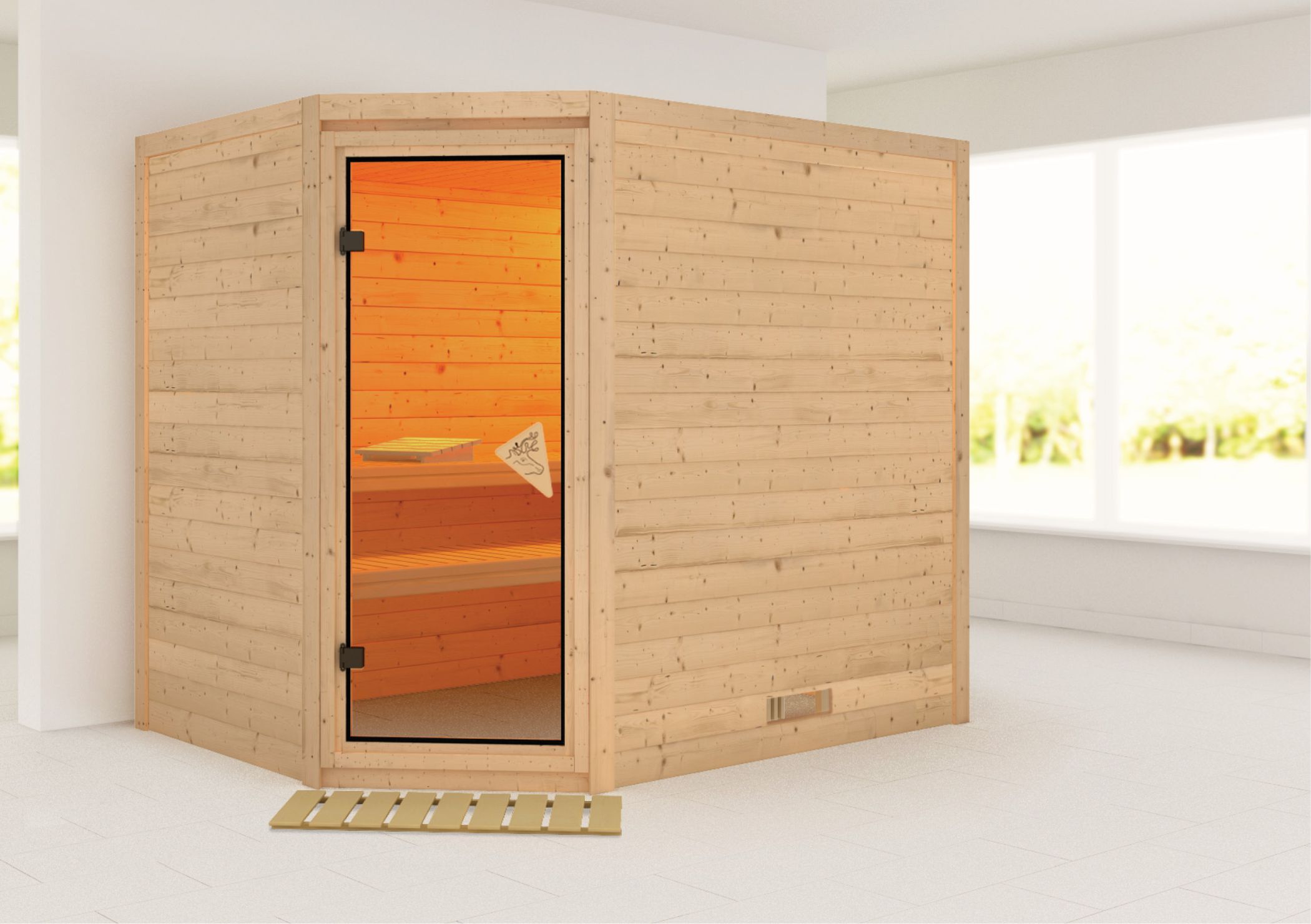 Außenansicht der Karibu Sauna Tanami aus nordischer Fichte mit Ganzglastür und Fronteinstieg