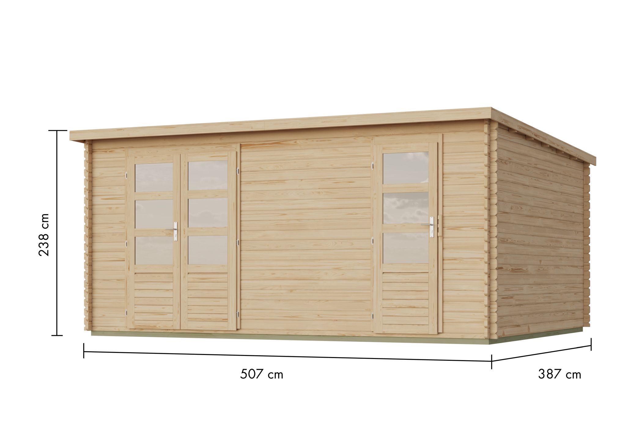 Maßzeichnung der Karibu Gartenhaus Buros mit Bemaßung von Grundfläche und Höhe