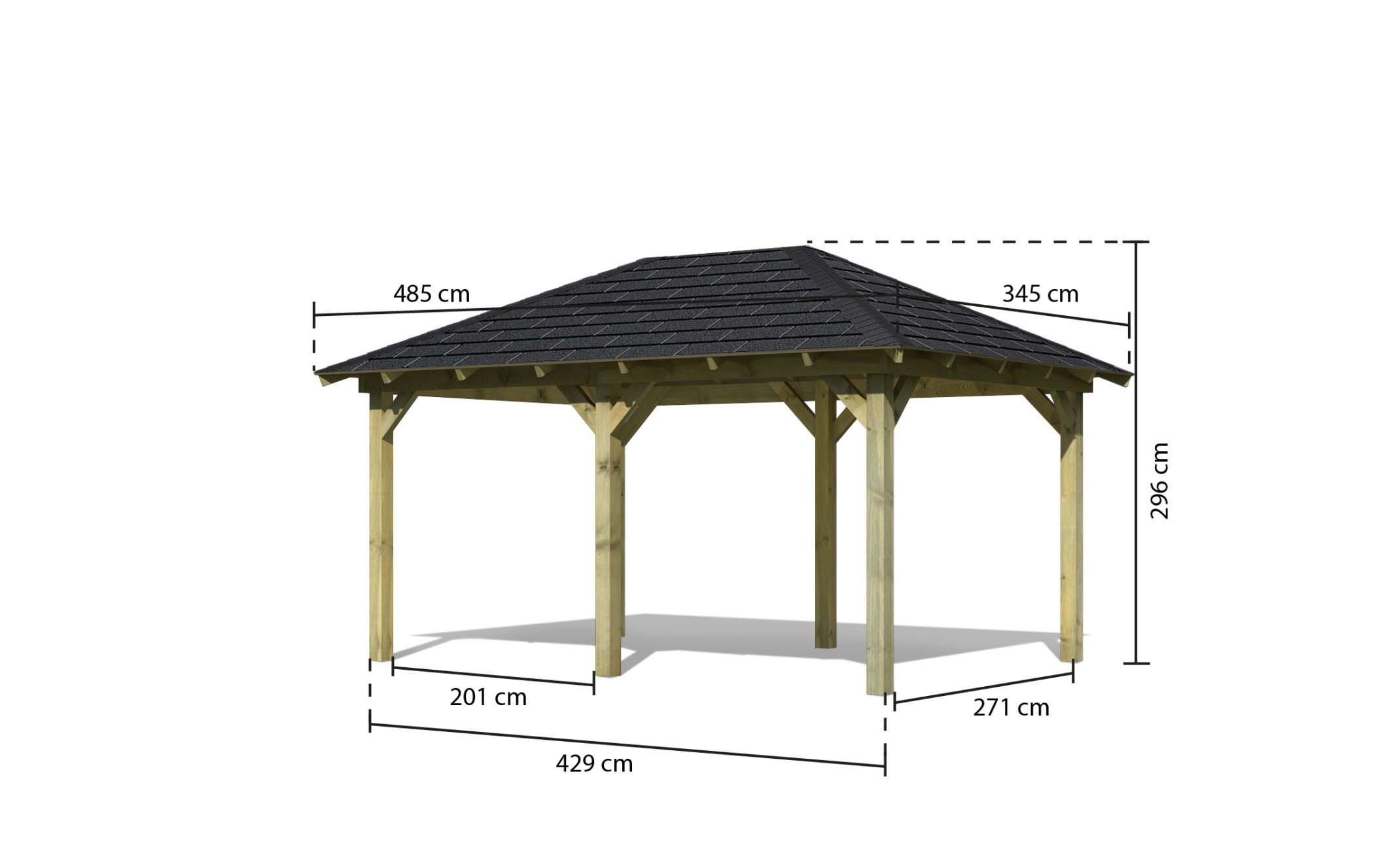 Maßzeichnung des Karibu Pavillon Perida mit Dachmaß 345 × 485 cm und Firsthöhe 296 cm