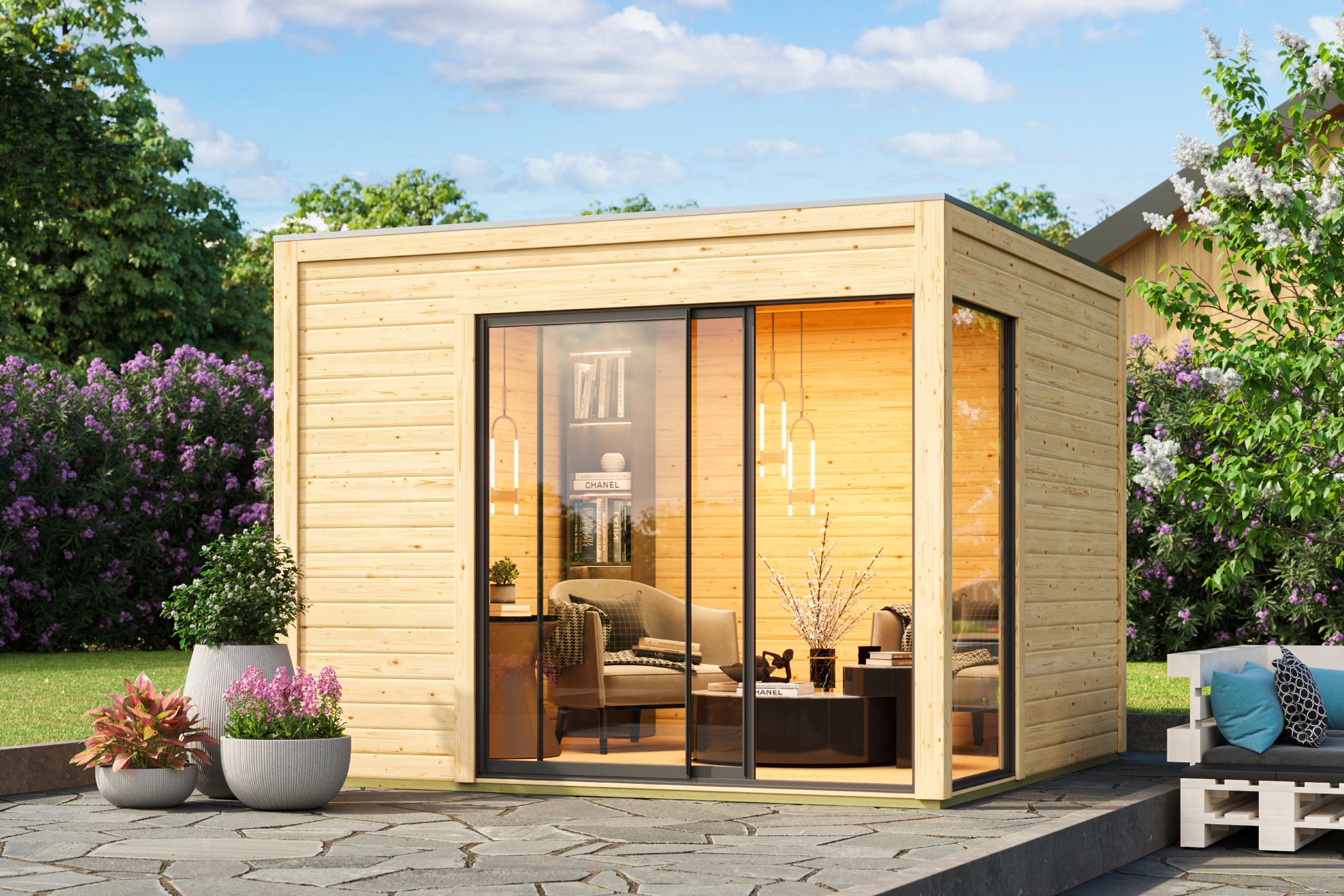 Karibu Poolhaus Dice 1, im Garten aufgebaut