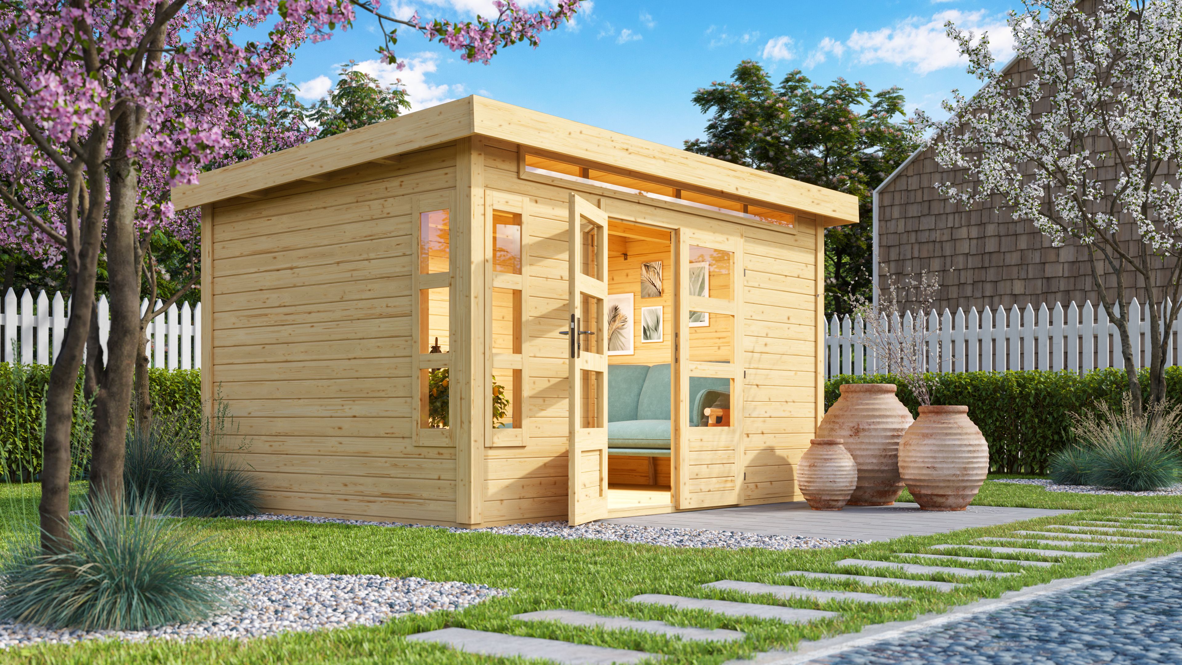 Detailansicht eines Karibu Gartenhauses aus Holz