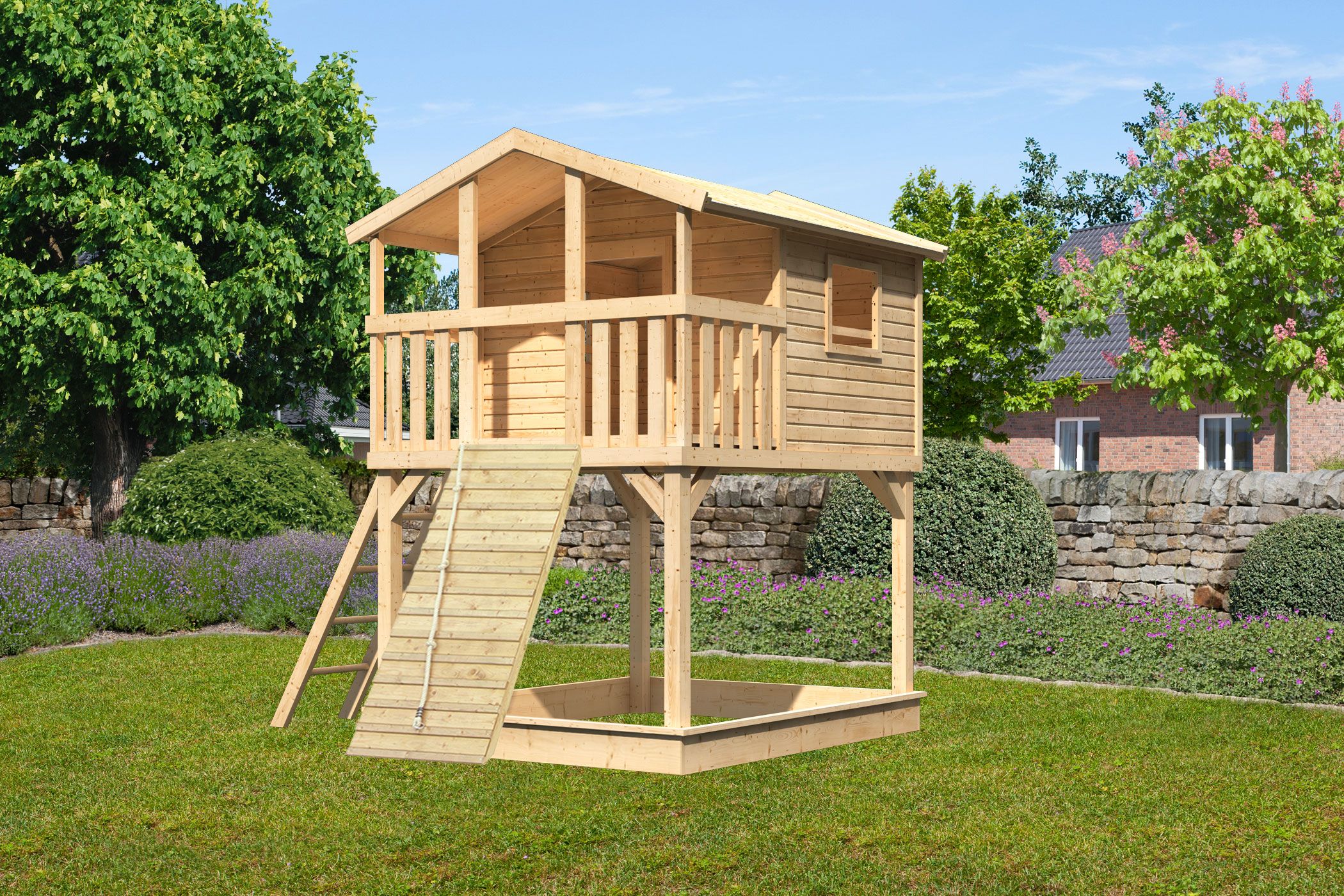 Karibu Stelzenhaus Benjamin aus Holz, im Garten aufgebaut