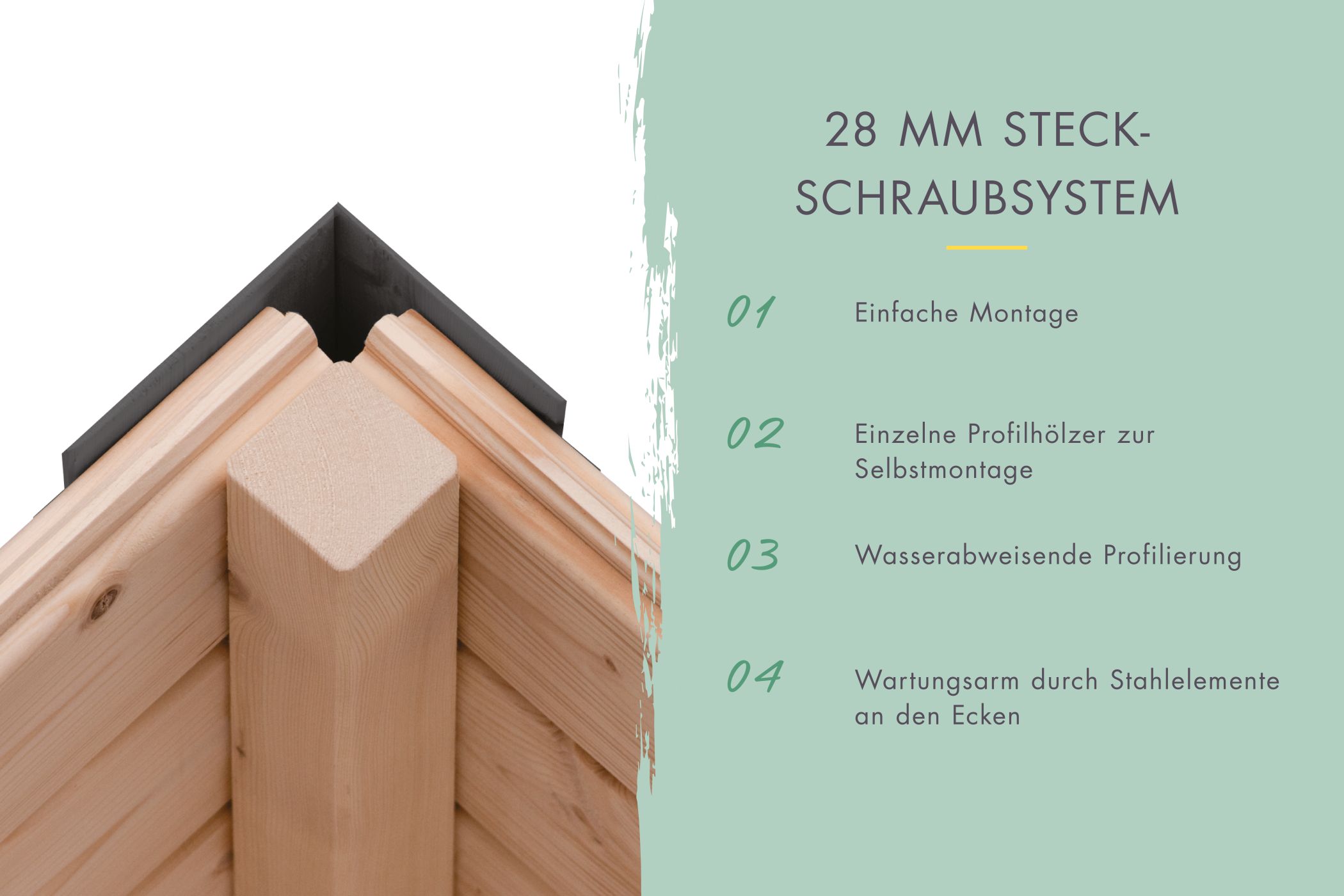 28-mm-Steck-Schraubsystem des Karibu Gartenhaus Holz & Metall Pluto 1 mit Stahlecken