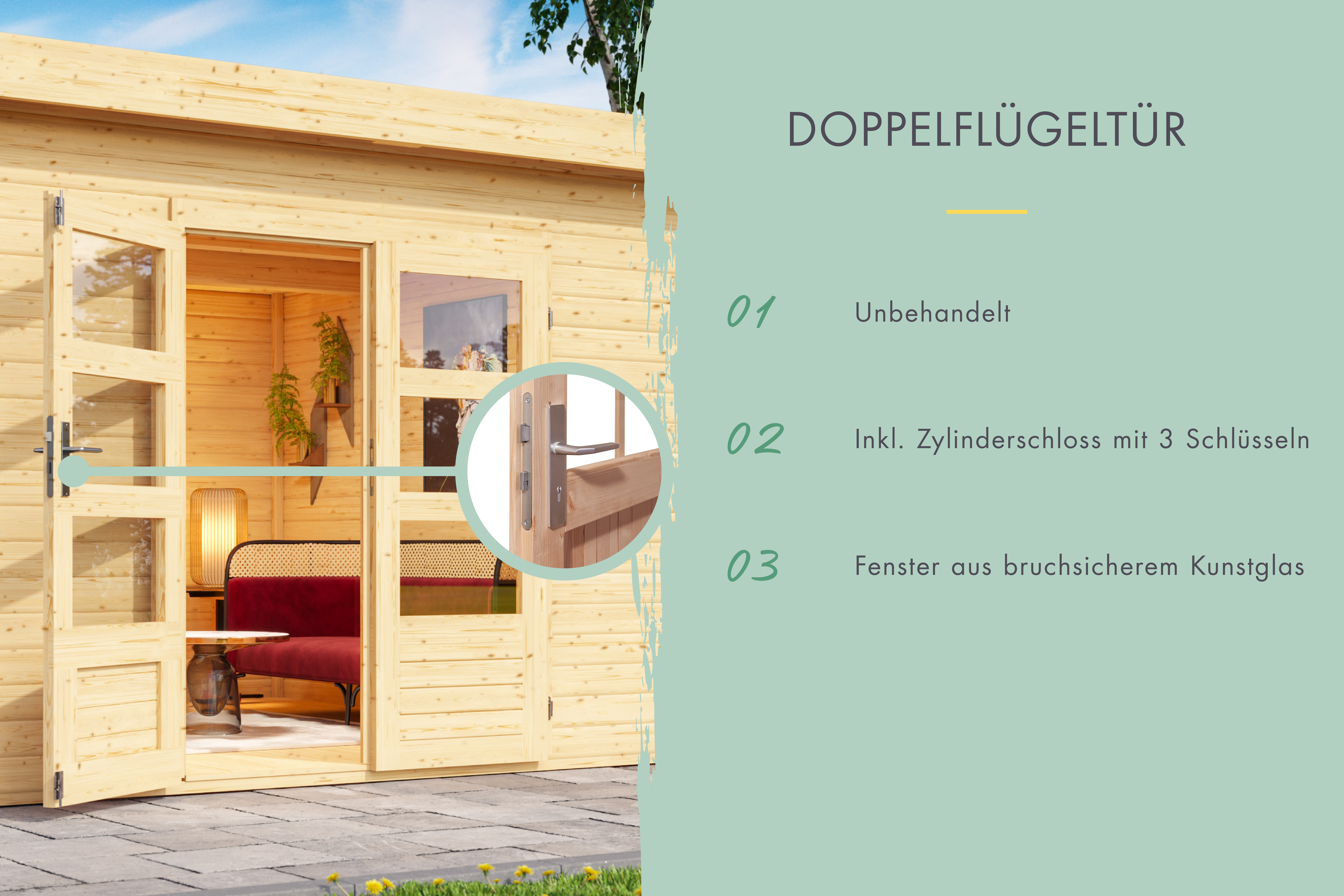 Doppelflügeltür des Karibu Gartenhaus Olaf 5 mit Zylinderschloss und Kunstglas